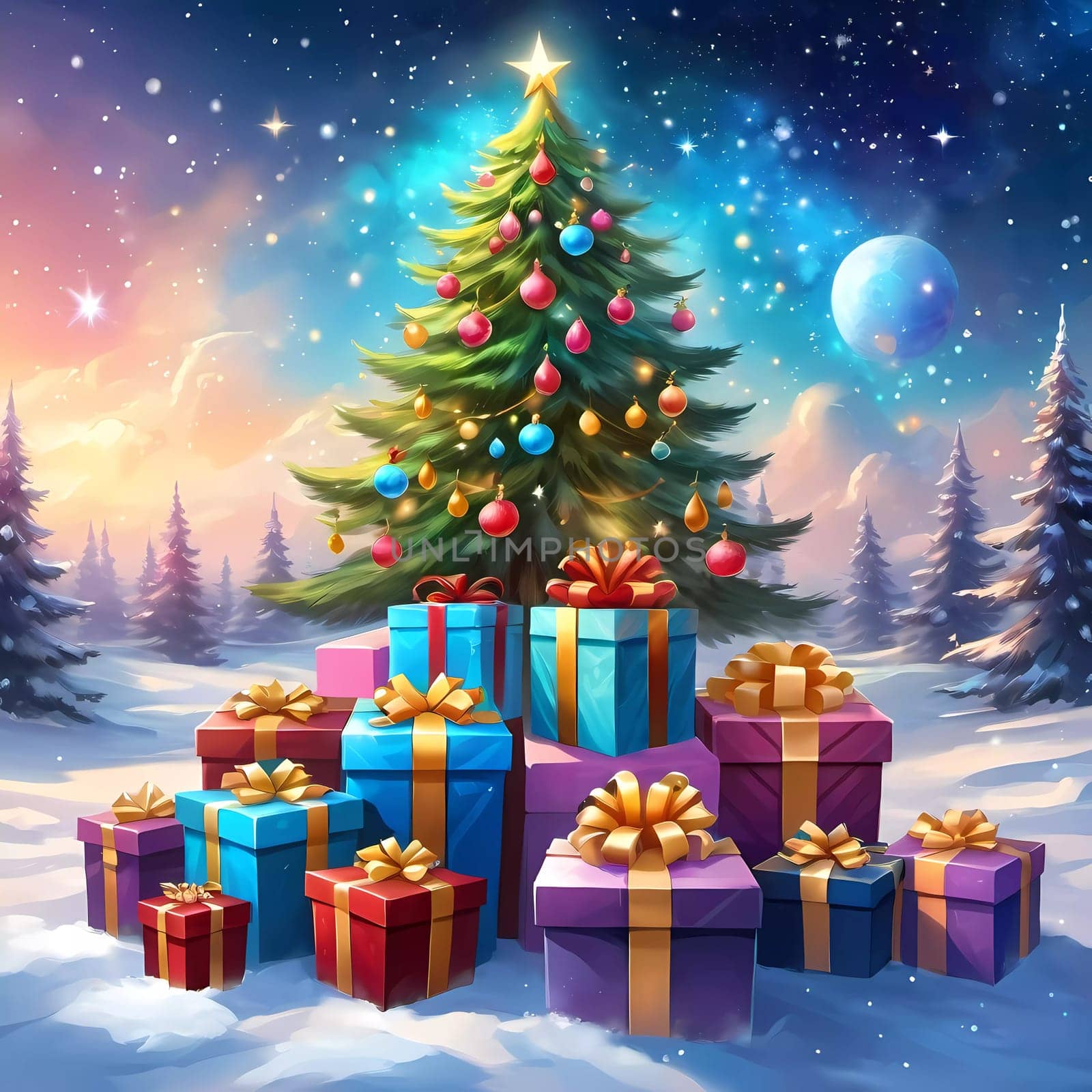 A decorated Christmas tree adorned with colorful ornaments and stacked presents ready for celebration in cozy holiday setting. Wrapped gifts of various colors. Festive atmosphere, warmth and joy. AI.