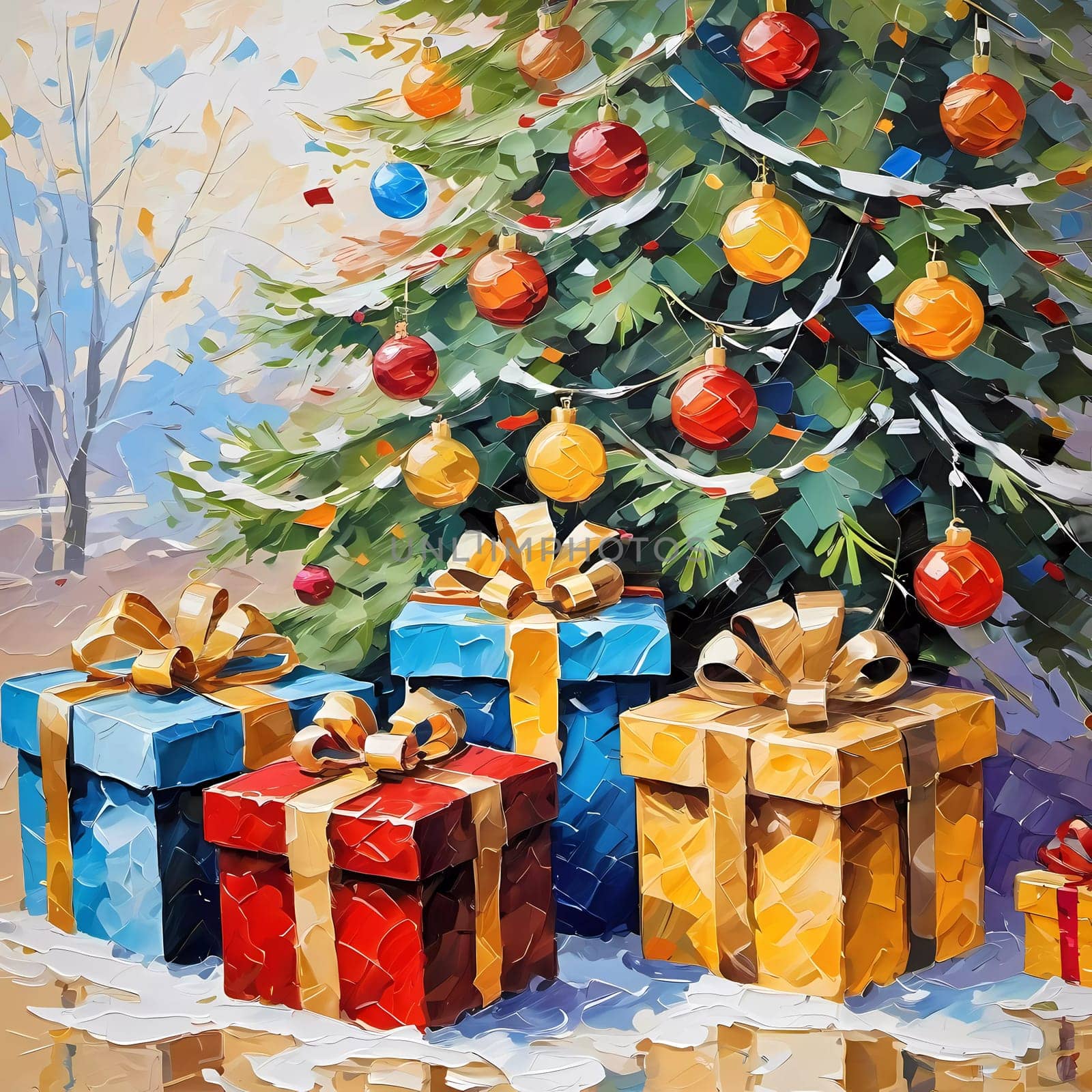 A decorated Christmas tree adorned with colorful ornaments and stacked presents ready for celebration in cozy holiday setting. Wrapped gifts of various colors. Festive atmosphere, warmth and joy. AI.