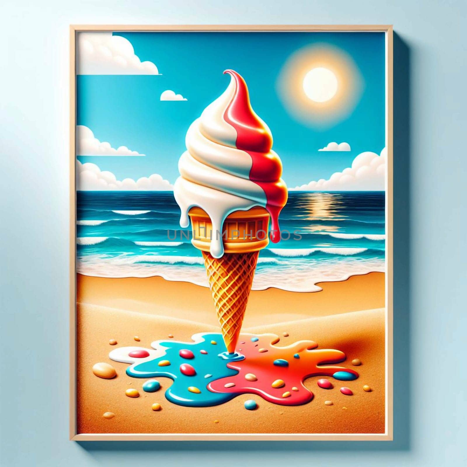 A framed illustration of a melting ice cream cone on a beach. A high-quality photo.