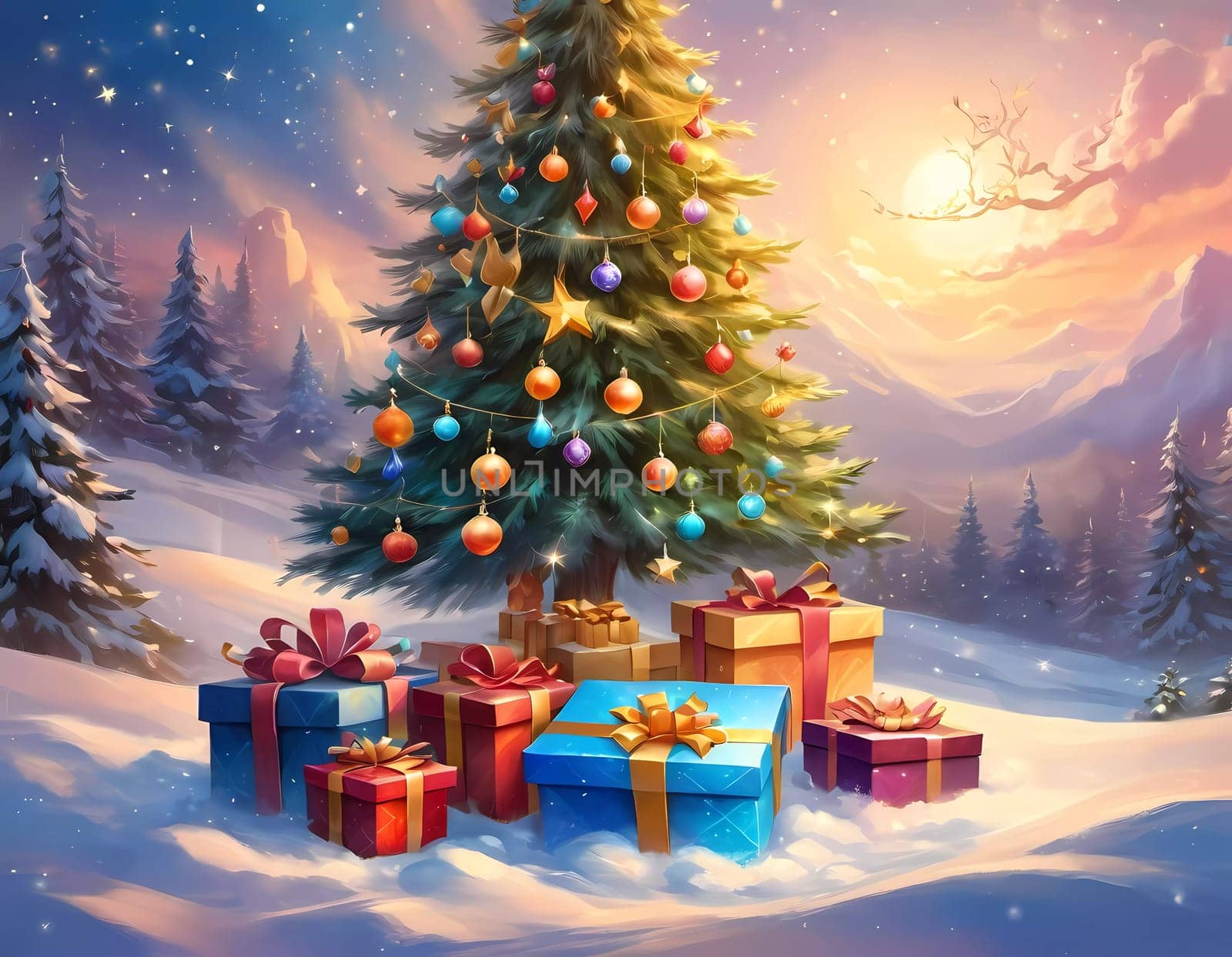 A decorated Christmas tree adorned with colorful ornaments and stacked presents ready for celebration in cozy holiday setting. Wrapped gifts of various colors. Festive atmosphere, warmth and joy. AI.