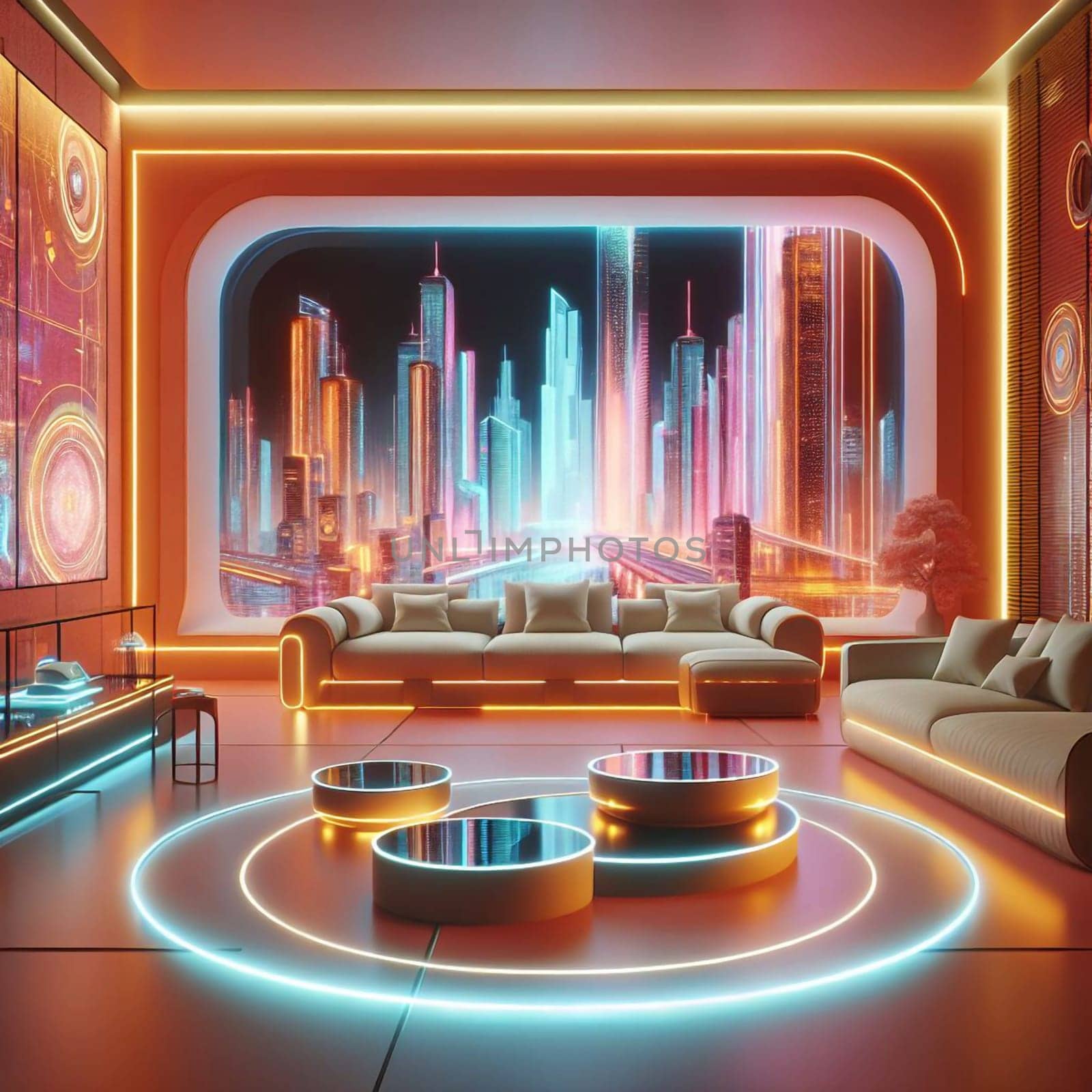 A futuristic living room with a couch and a view of a glowing cityscape through a large window. A high-quality photo.