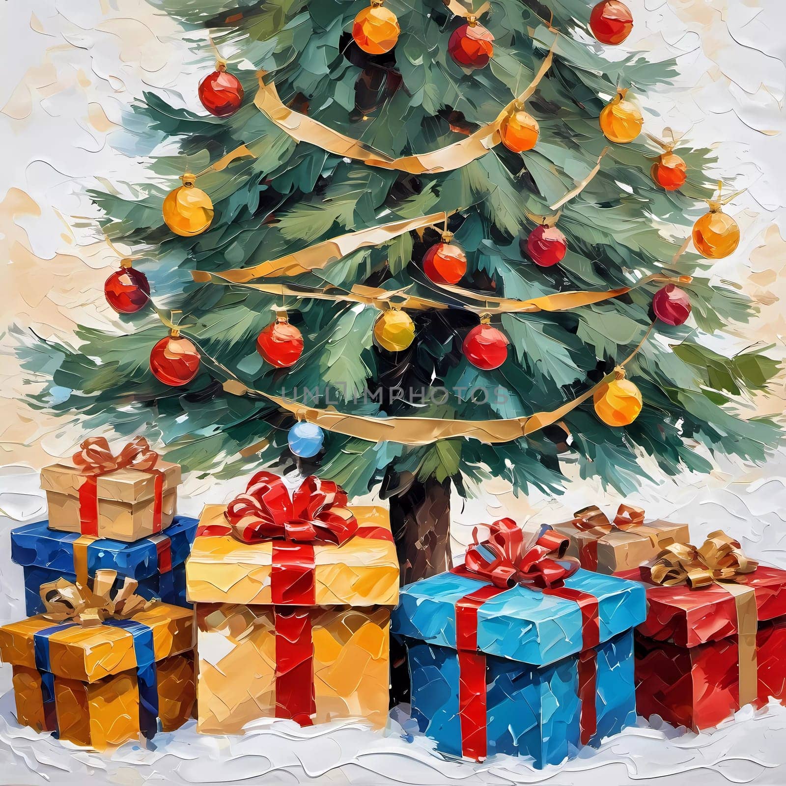 A decorated Christmas tree adorned with colorful ornaments and stacked presents ready for celebration in cozy holiday setting. Wrapped gifts of various colors. Festive atmosphere, warmth and joy. AI.
