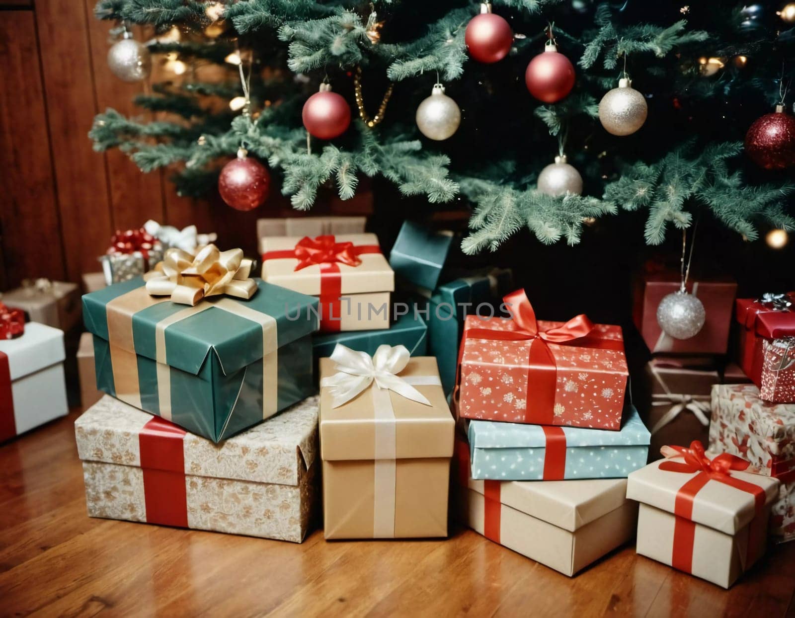 Wrapped presents in various colors sit beneath a decorated spruce tree adorned with shimmering Christmas ornaments, creating a cheerful and festive atmosphere for the New Year celebration.