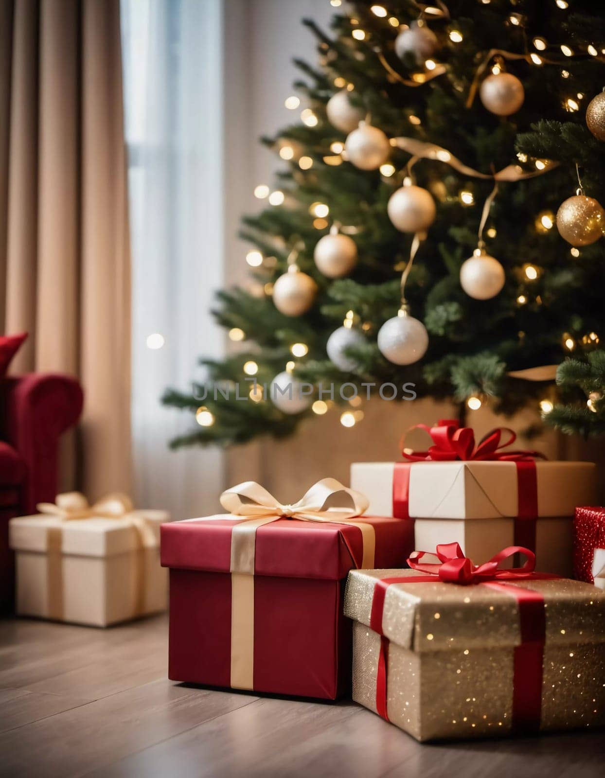 Wrapped presents in various colors sit beneath a decorated spruce tree adorned with shimmering Christmas ornaments, creating a cheerful and festive atmosphere for the New Year celebration.