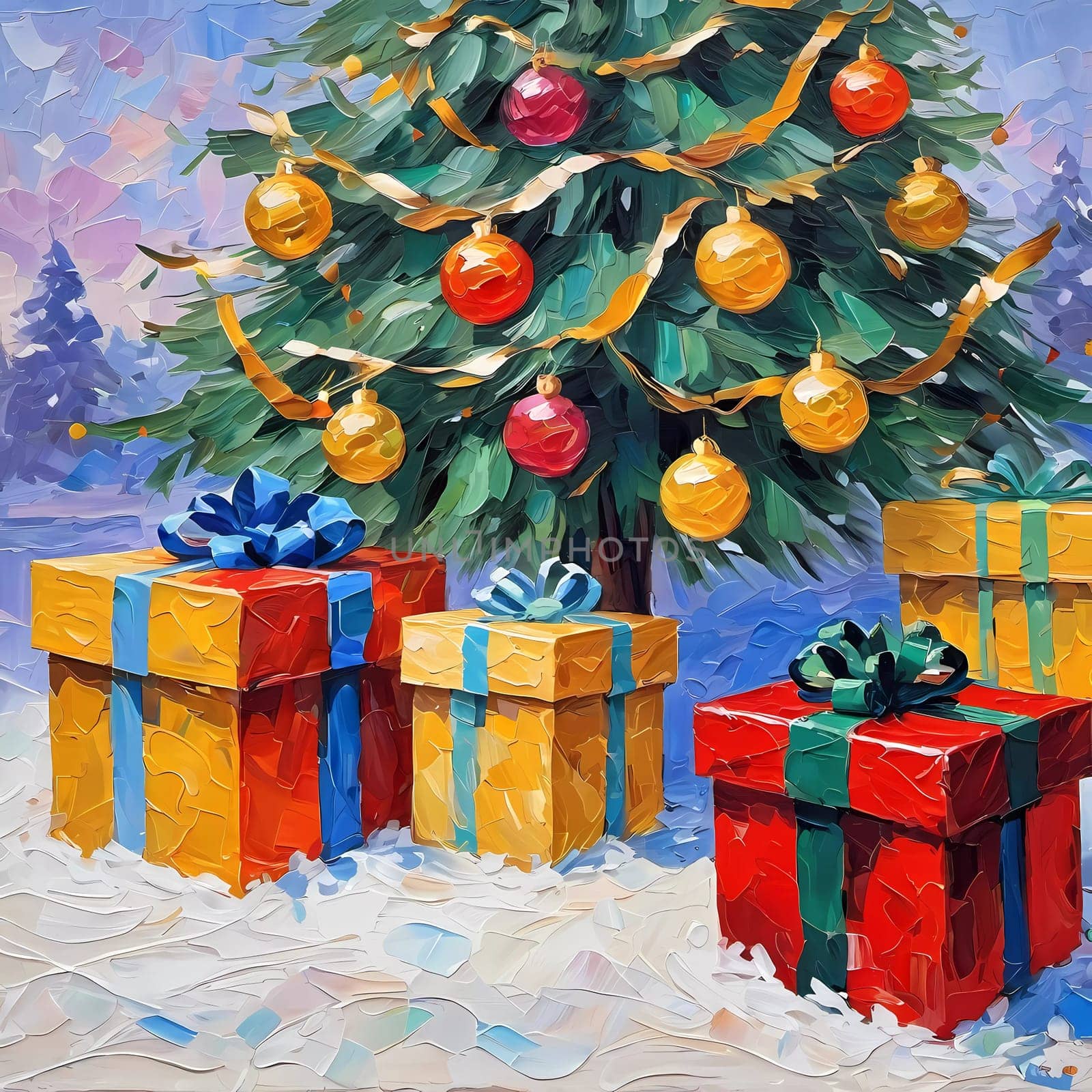 A decorated Christmas tree adorned with colorful ornaments and stacked presents ready for celebration in cozy holiday setting. Wrapped gifts of various colors. Festive atmosphere, warmth and joy. AI.