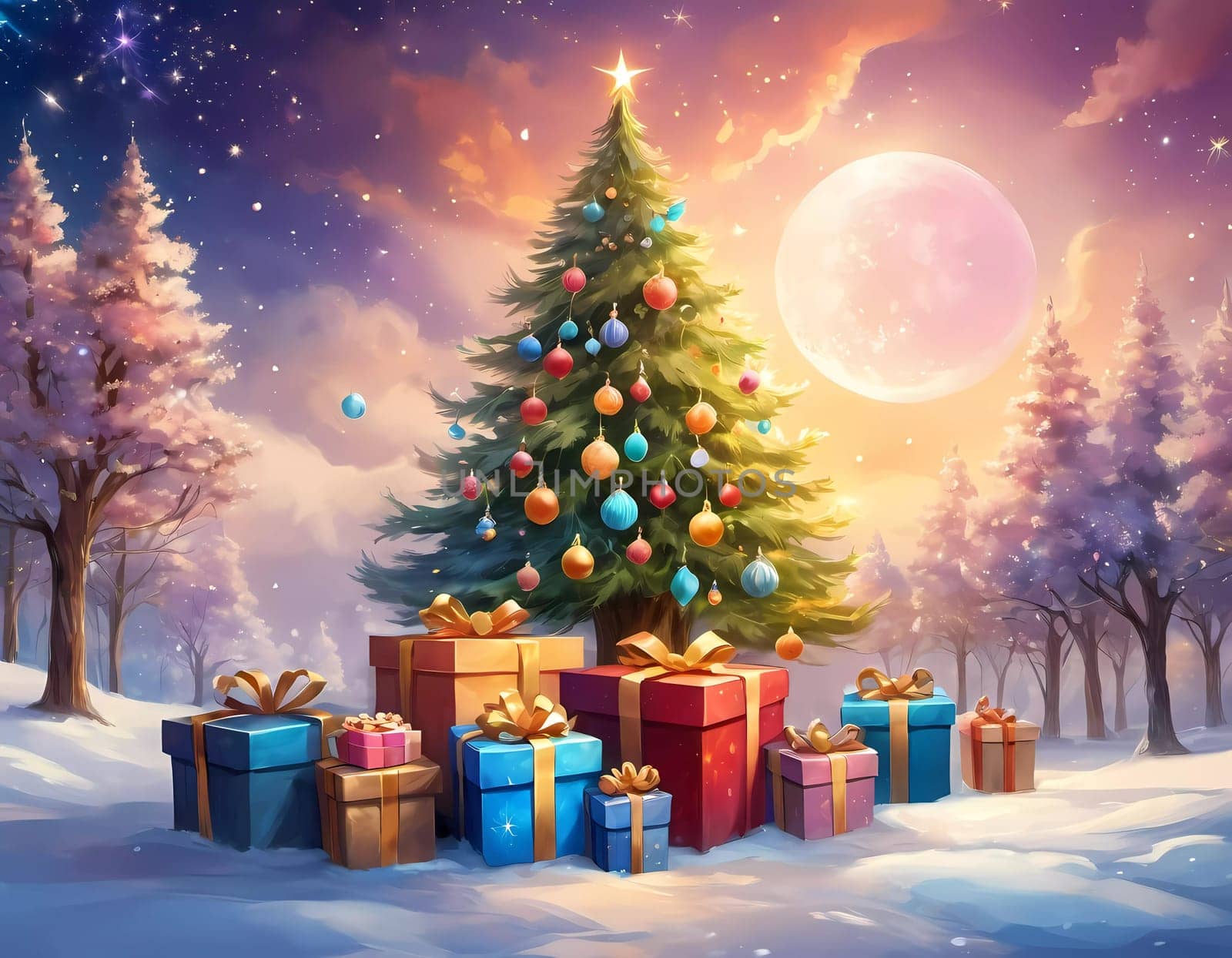 A decorated Christmas tree adorned with colorful ornaments and stacked presents ready for celebration in cozy holiday setting. Wrapped gifts of various colors. Festive atmosphere, warmth and joy. AI.