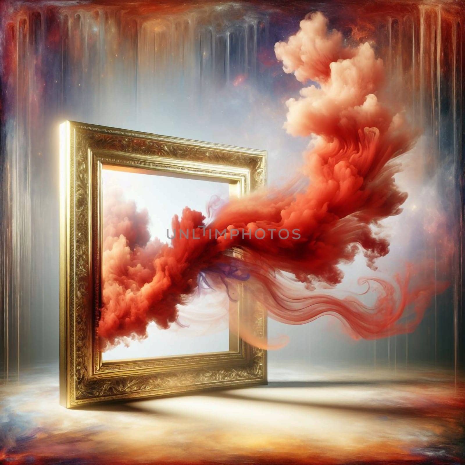 A golden frame with a cloud of red smoke flowing out of it. The background is a cosmic scene with stars and galaxies. A high-quality photo.