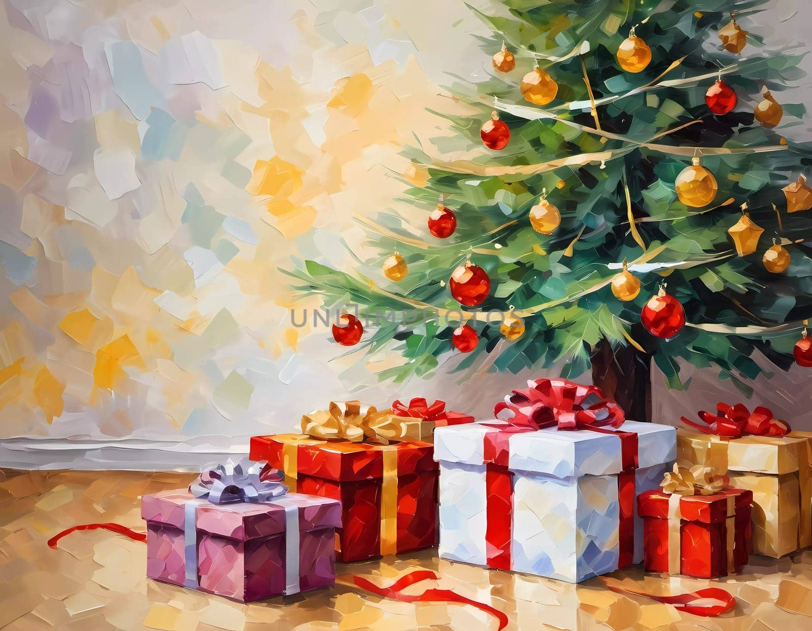 A decorated Christmas tree adorned with colorful ornaments and stacked presents ready for celebration in cozy holiday setting. Wrapped gifts of various colors. Festive atmosphere, warmth and joy. AI.