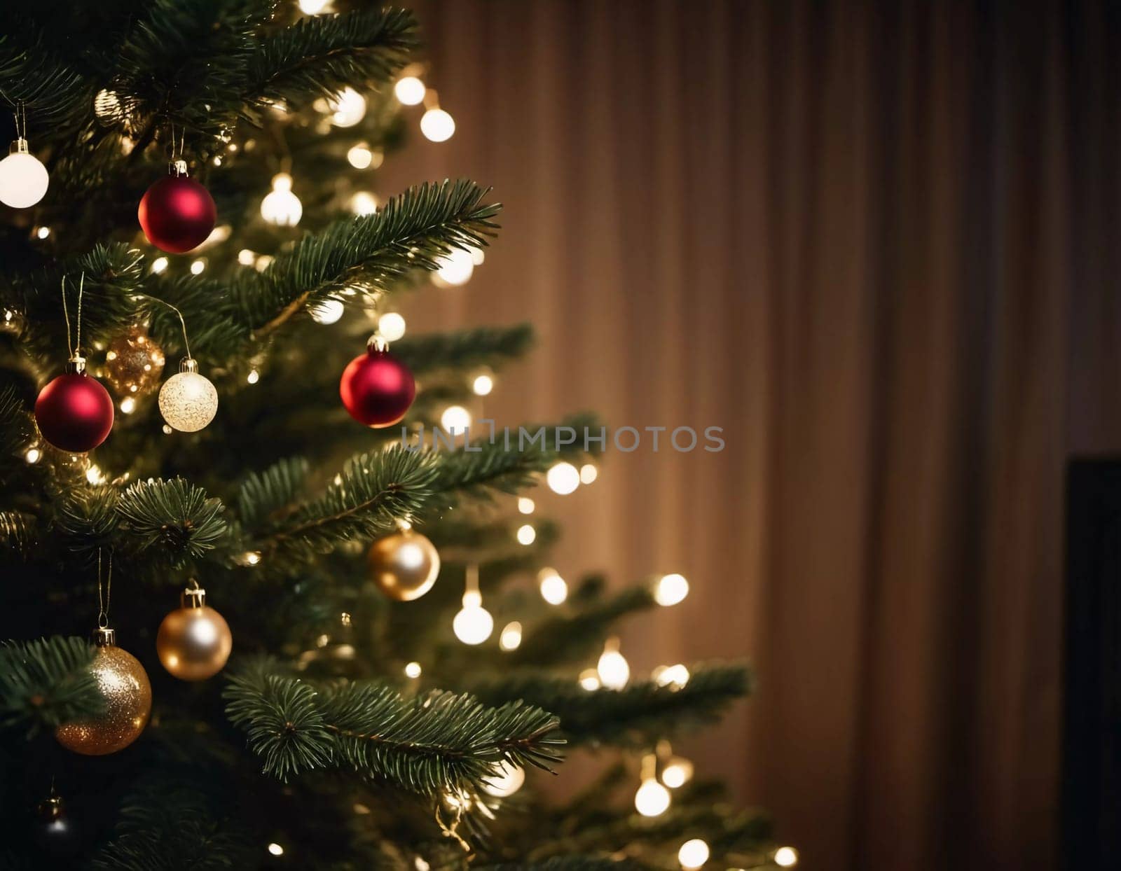 Colorful Christmas decorations adorn the branches of a spruce tree, vibrant balls in shades of red, gold, and pink, embodying holiday cheer in winter. Happy New Year art background. Generative AI.