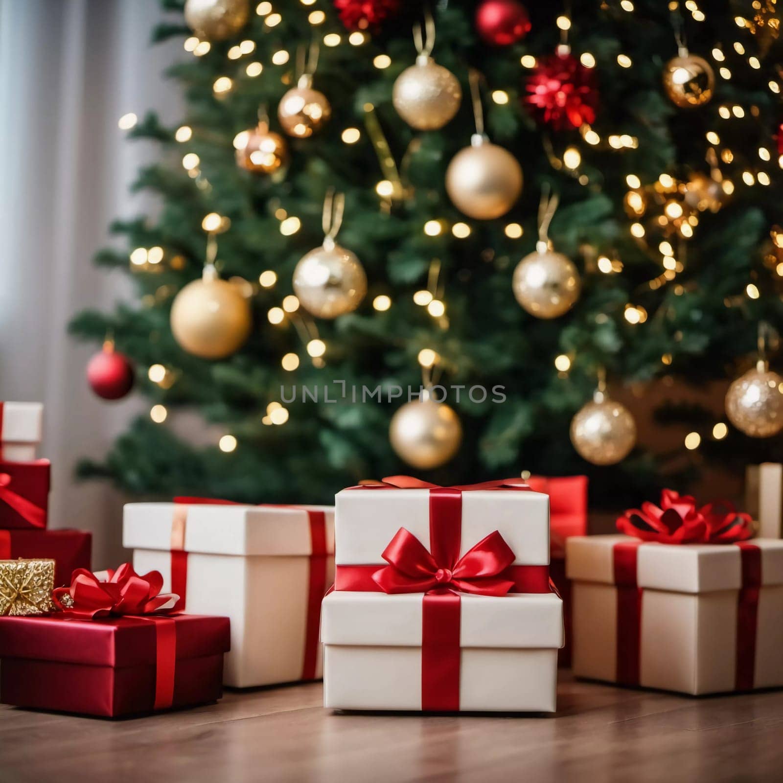 Wrapped presents in various colors sit beneath a decorated spruce tree adorned with shimmering Christmas ornaments, creating a cheerful and festive atmosphere for the New Year celebration.