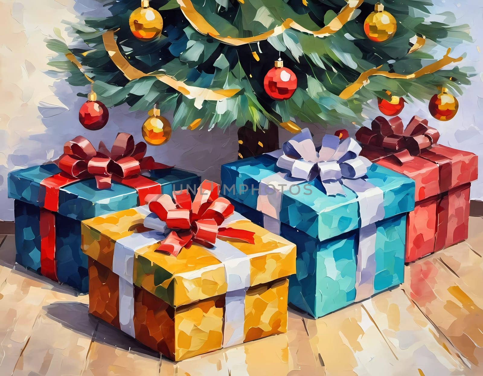 A decorated Christmas tree adorned with colorful ornaments and stacked presents ready for celebration in cozy holiday setting. Wrapped gifts of various colors. Festive atmosphere, warmth and joy. AI.
