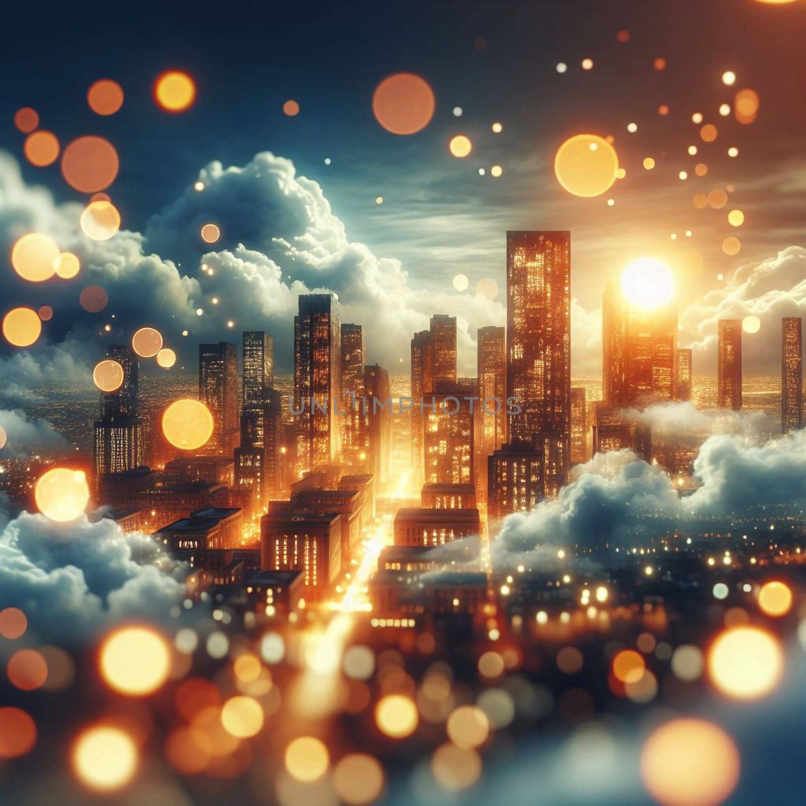 A futuristic cityscape with glowing lights, surrounded by clouds and a sun rising in the background. A high-quality photo.