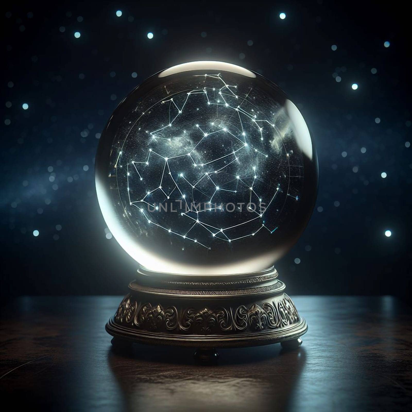 A crystal ball with a depiction of constellations inside, against a starry night sky. A high-quality photo.