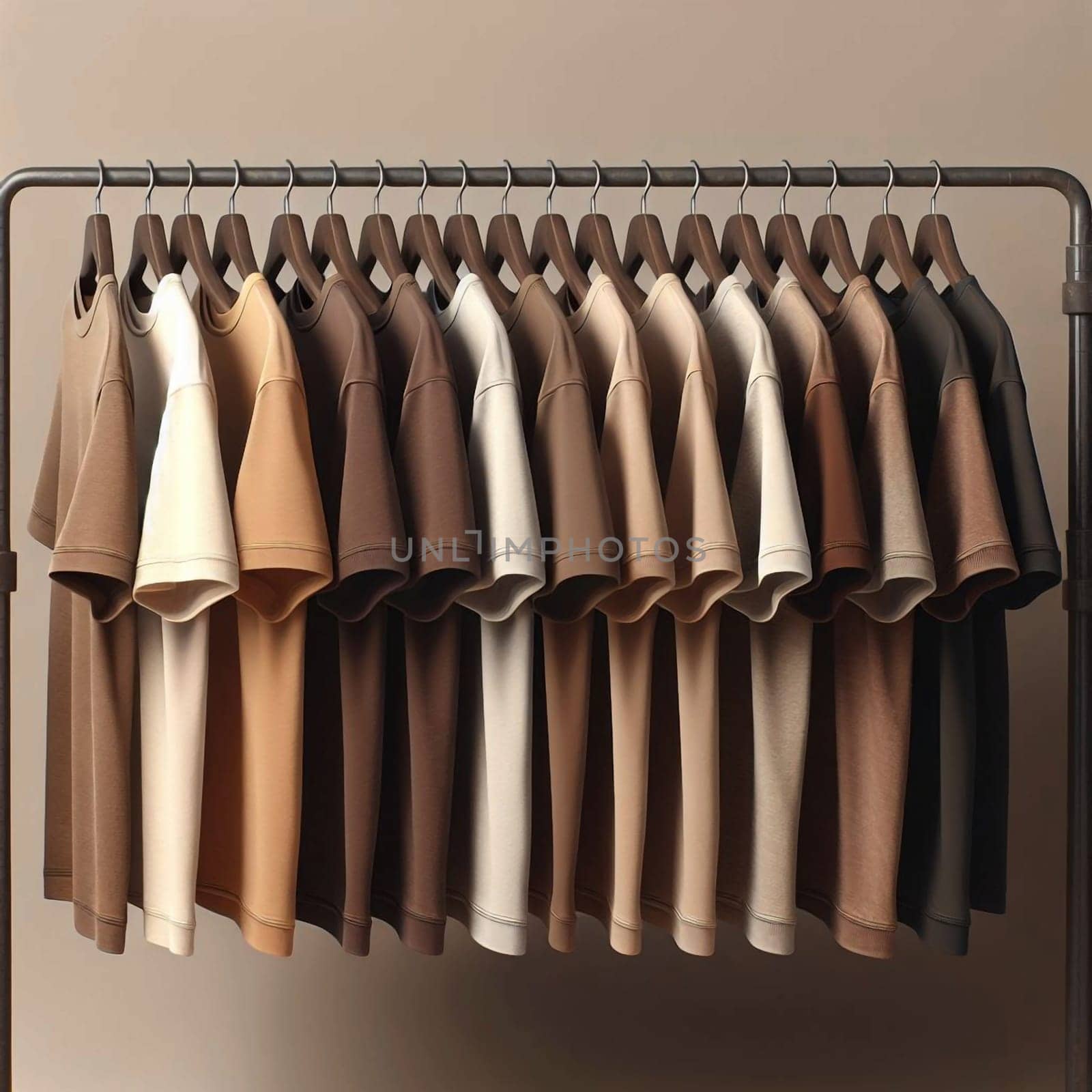 A rack of brown t-shirts on wooden hangers, against a brown background. A high-quality photo.