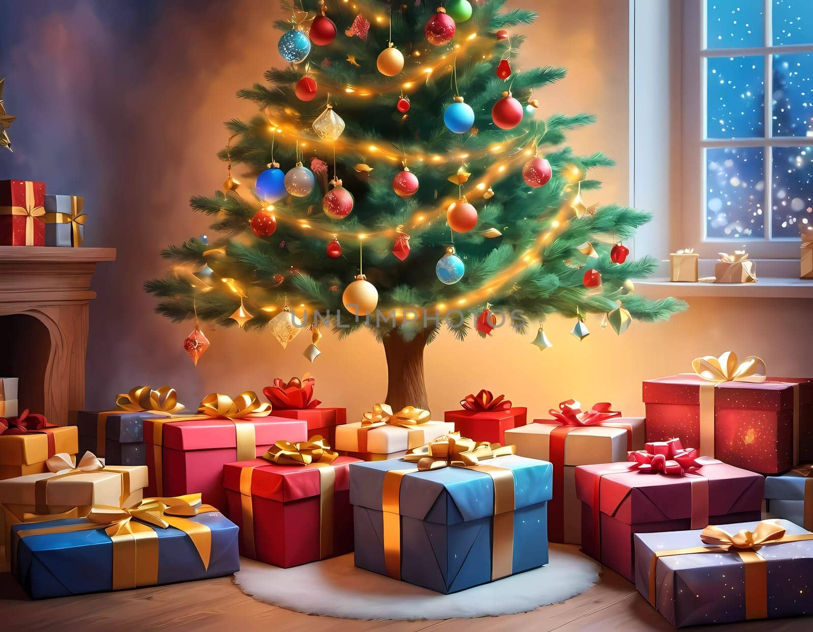 A decorated Christmas tree adorned with colorful ornaments and stacked presents ready for celebration in cozy holiday setting. Wrapped gifts of various colors. Festive atmosphere, warmth and joy. AI.