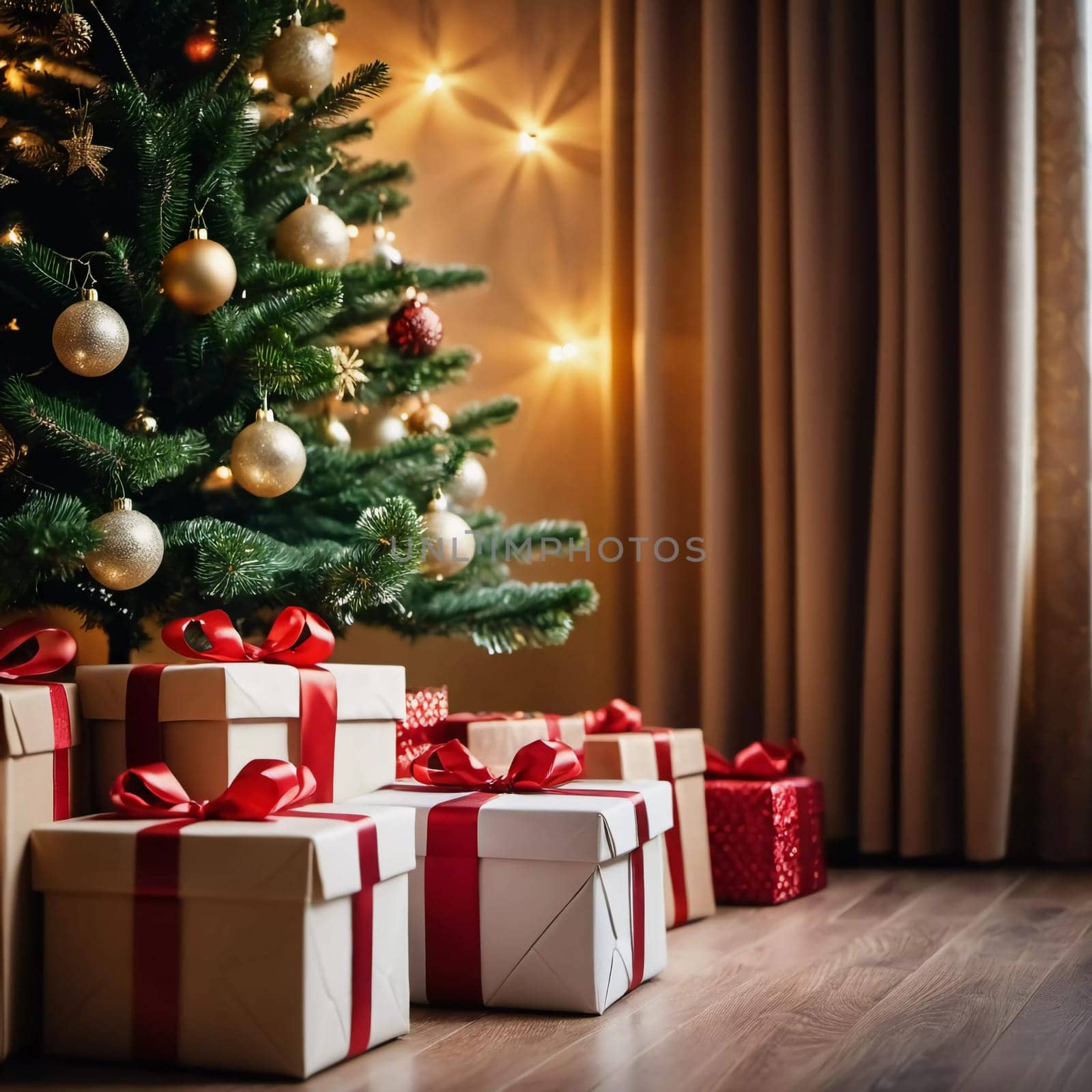 Wrapped presents in various colors sit beneath a decorated spruce tree adorned with shimmering Christmas ornaments, creating a cheerful and festive atmosphere for the New Year celebration.