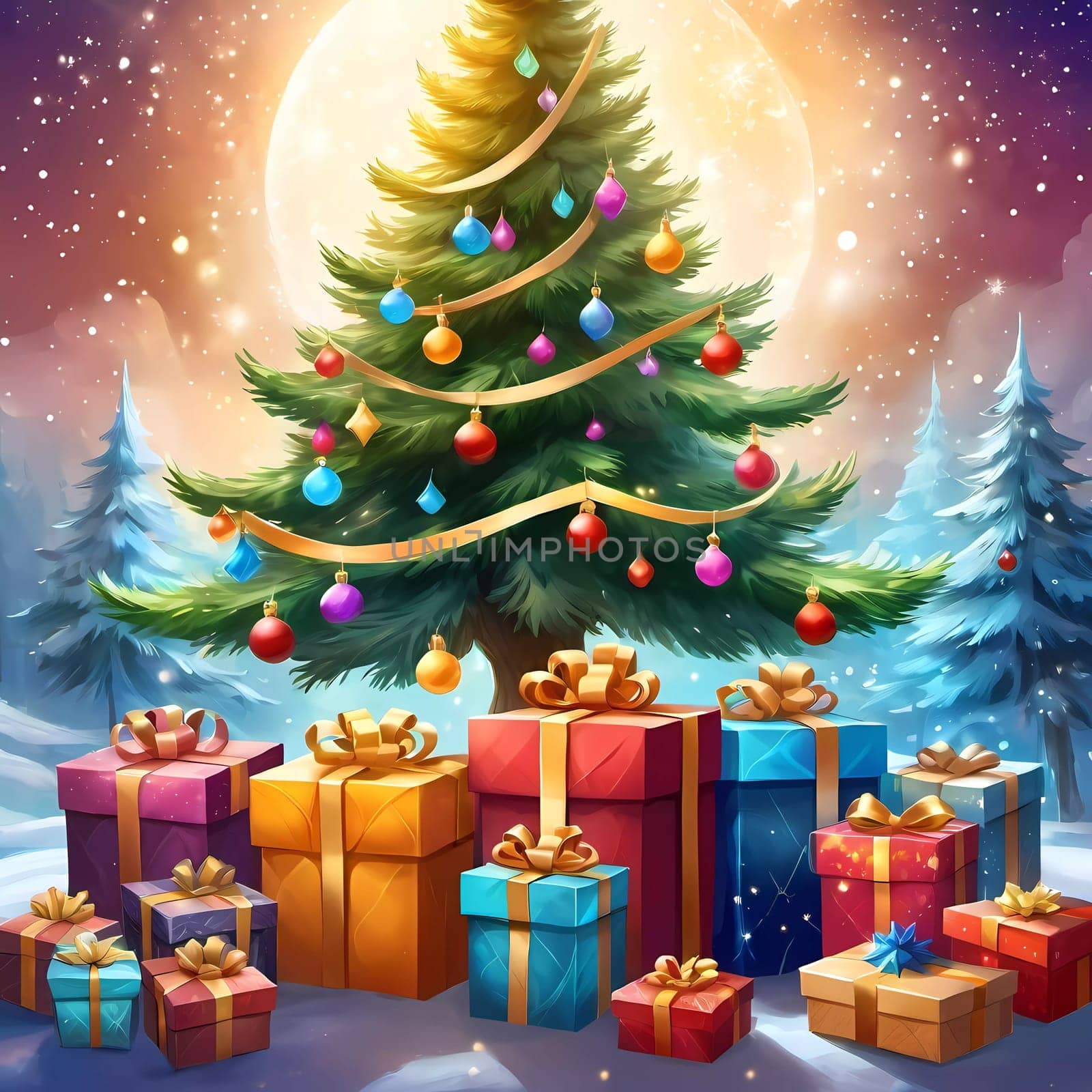 A decorated Christmas tree adorned with colorful ornaments and stacked presents ready for celebration in cozy holiday setting. Wrapped gifts of various colors. Festive atmosphere, warmth and joy. AI.