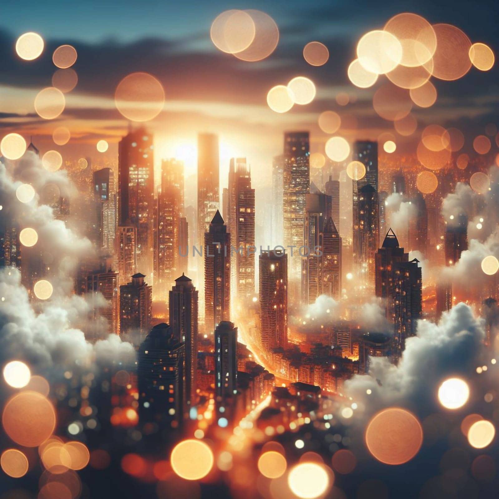 A cityscape with glowing lights, surrounded by clouds at sunset. A high-quality photo.