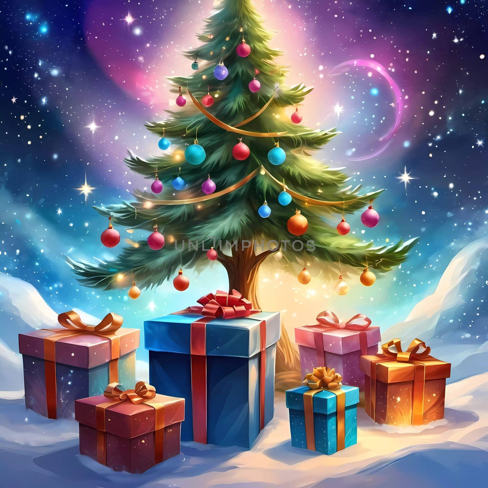 A decorated Christmas tree adorned with colorful ornaments and stacked presents ready for celebration in cozy holiday setting. Wrapped gifts of various colors. Festive atmosphere, warmth and joy. AI.