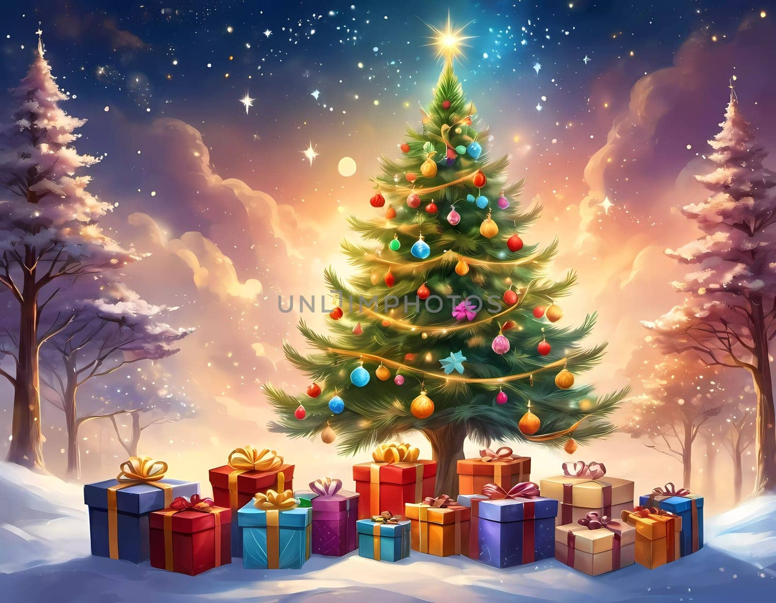 A decorated Christmas tree adorned with colorful ornaments and stacked presents ready for celebration in cozy holiday setting. Wrapped gifts of various colors. Festive atmosphere, warmth and joy. AI.