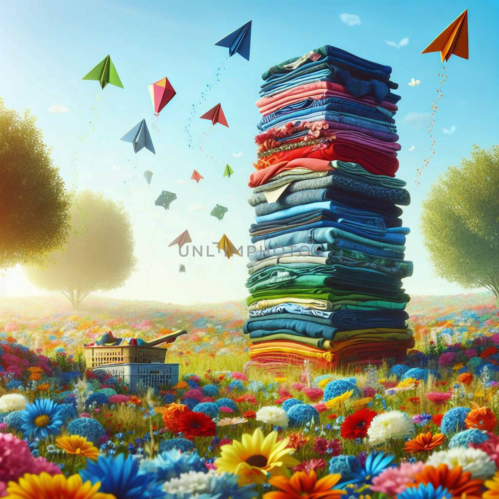 A pile of colorful clothes in a meadow with paper airplanes flying over it. A high-quality photo.