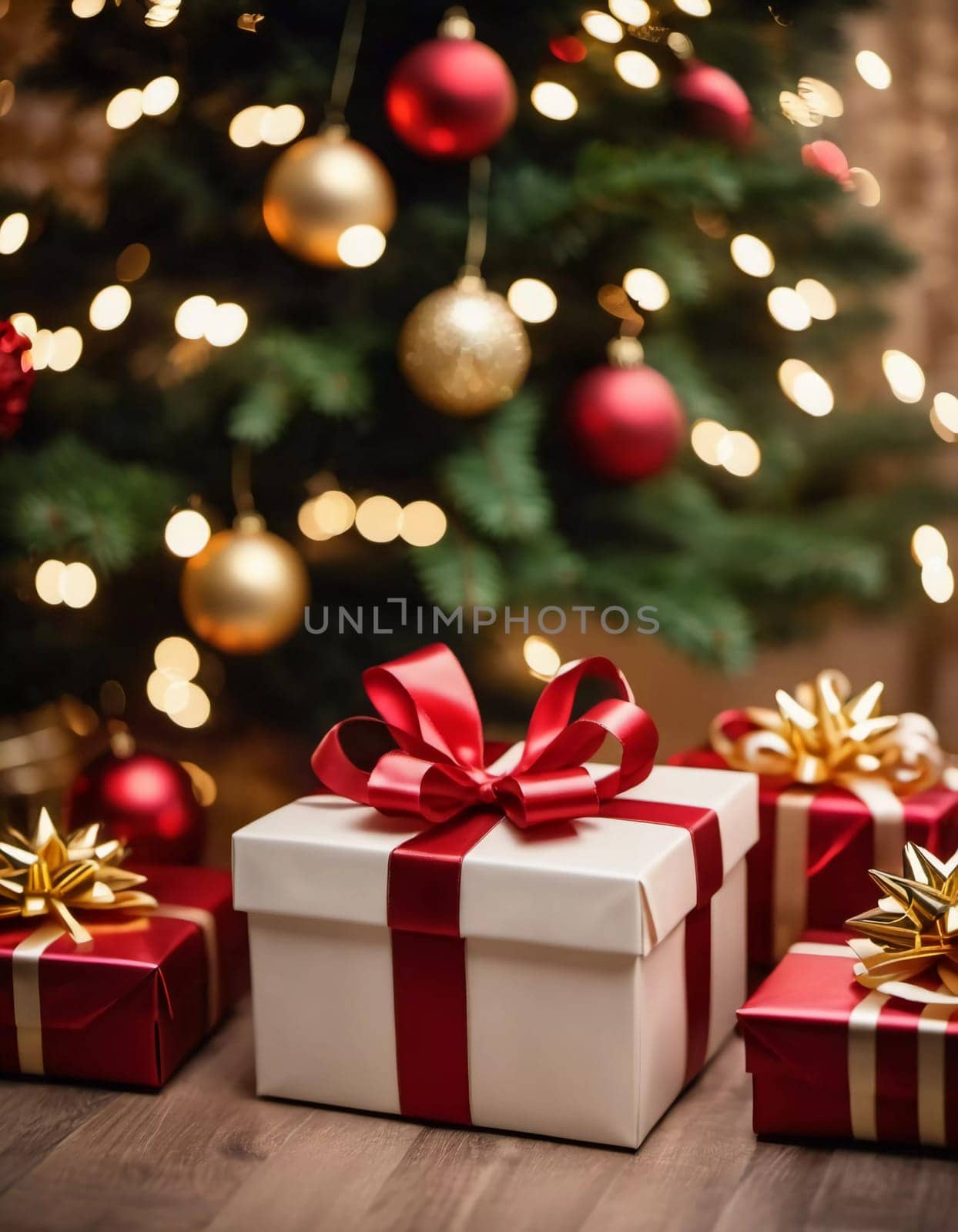 Wrapped presents in various colors sit beneath a decorated spruce tree adorned with shimmering Christmas ornaments, creating a cheerful and festive atmosphere for the New Year celebration.