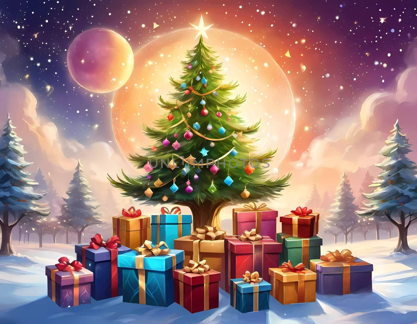 A decorated Christmas tree adorned with colorful ornaments and stacked presents ready for celebration in cozy holiday setting. Wrapped gifts of various colors. Festive atmosphere, warmth and joy. AI.