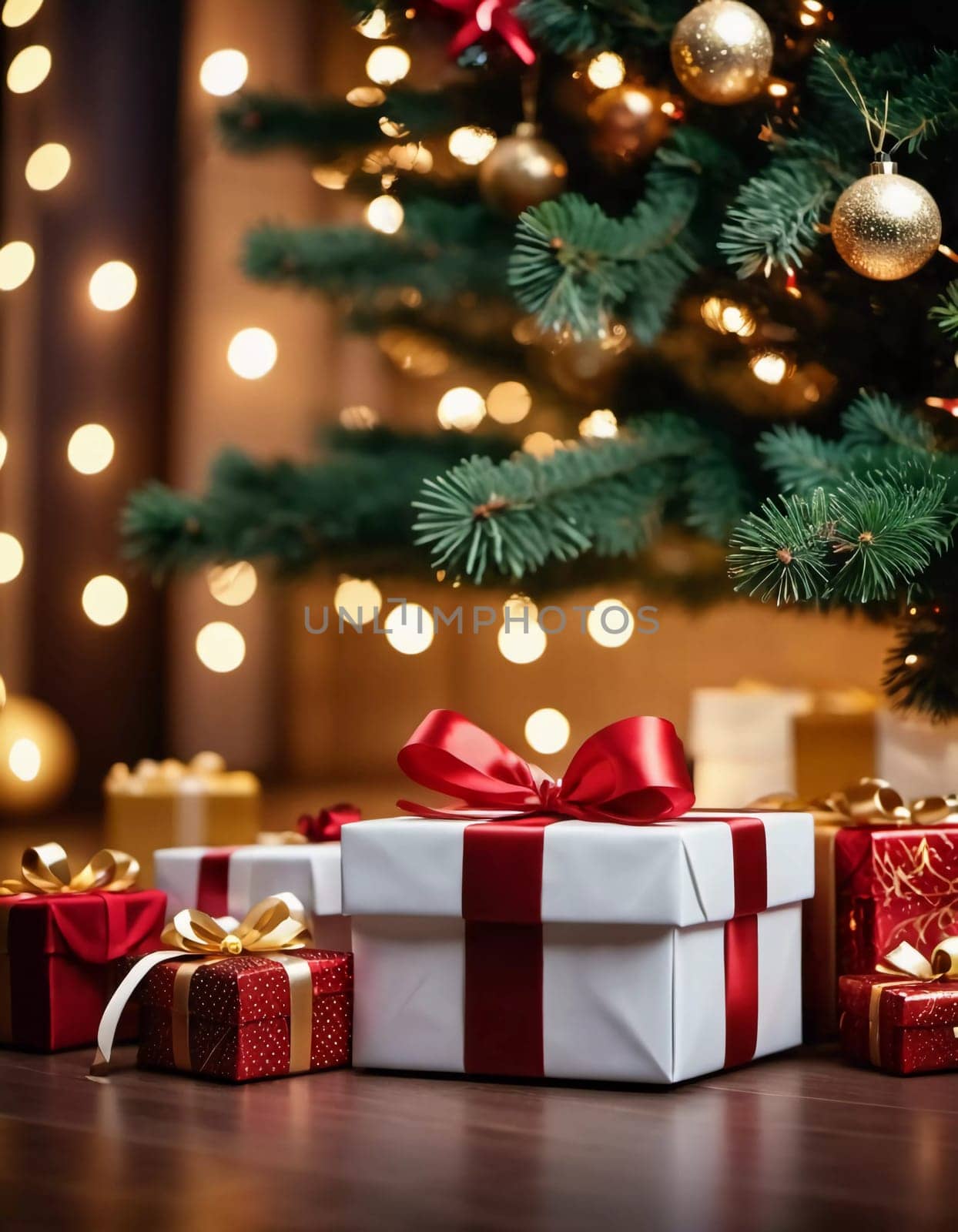 Wrapped presents in various colors sit beneath a decorated spruce tree adorned with shimmering Christmas ornaments, creating a cheerful and festive atmosphere for the New Year celebration.