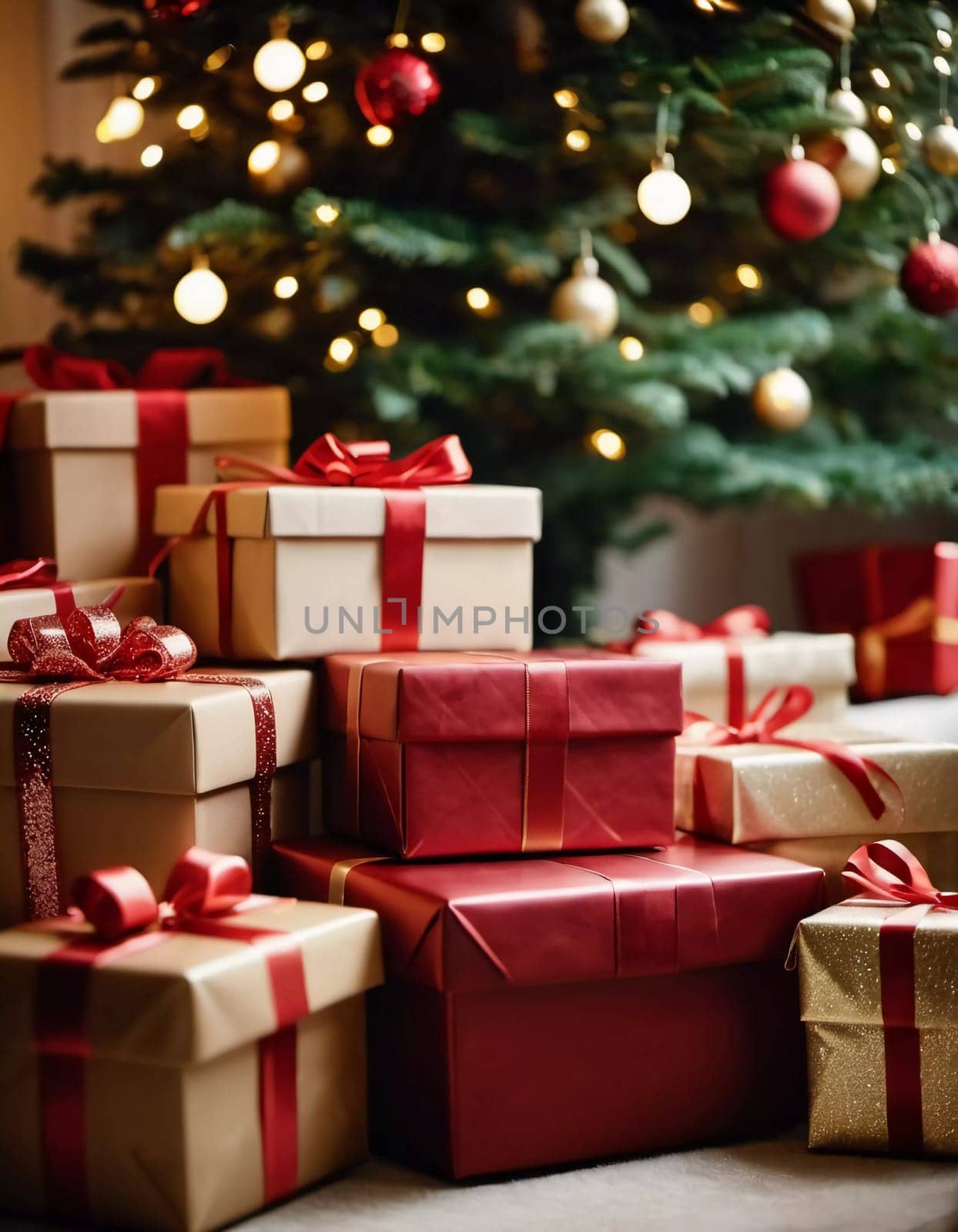 Wrapped presents in various colors sit beneath a decorated spruce tree adorned with shimmering Christmas ornaments, creating a cheerful and festive atmosphere for the New Year celebration.