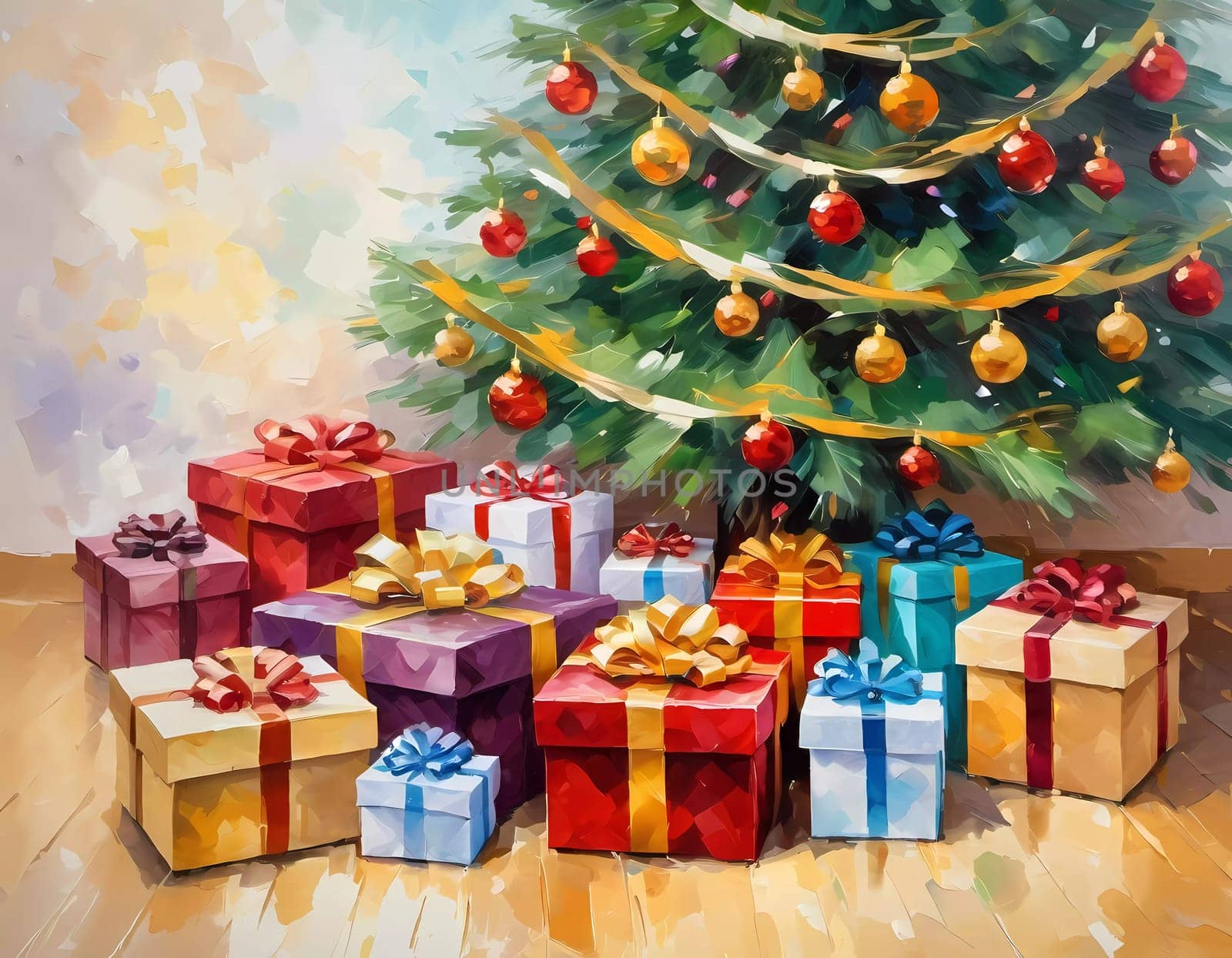 A decorated Christmas tree adorned with colorful ornaments and stacked presents ready for celebration in cozy holiday setting. Wrapped gifts of various colors. Festive atmosphere, warmth and joy. AI.