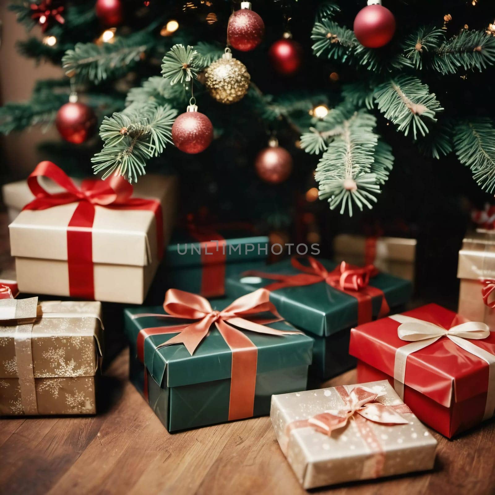 Wrapped presents in various colors sit beneath a decorated spruce tree adorned with shimmering Christmas ornaments, creating a cheerful and festive atmosphere for the New Year celebration.