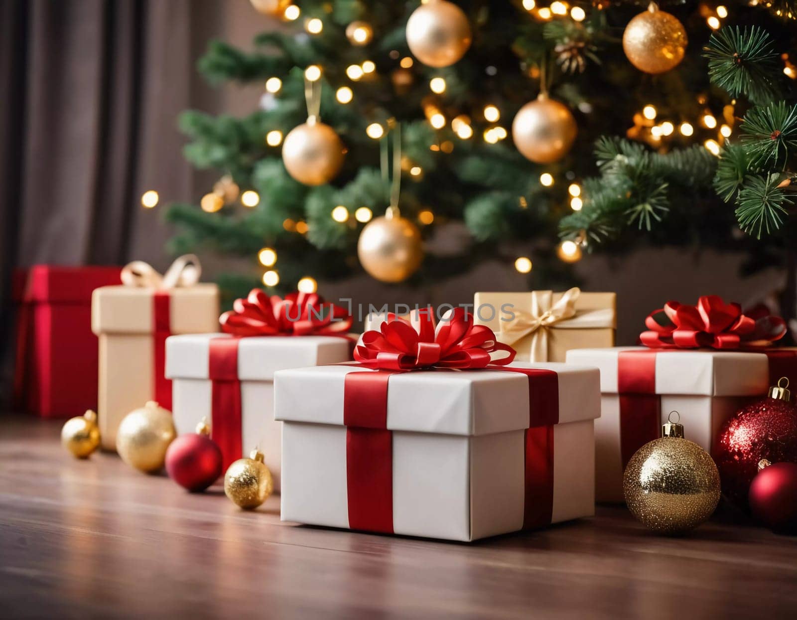 Wrapped presents in various colors sit beneath a decorated spruce tree adorned with shimmering Christmas ornaments, creating a cheerful and festive atmosphere for the New Year celebration.