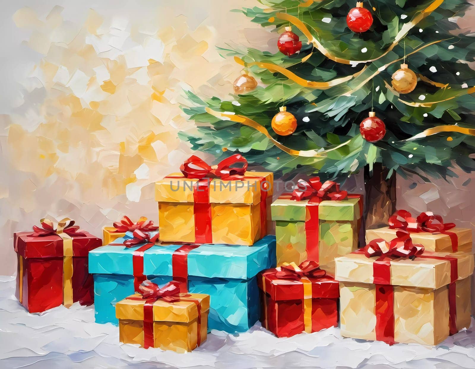 A decorated Christmas tree adorned with colorful ornaments and stacked presents ready for celebration in cozy holiday setting. Wrapped gifts of various colors. Festive atmosphere, warmth and joy. AI.