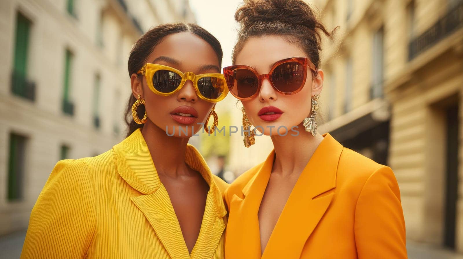 Women photographed on the street, all 70s style. AI generative