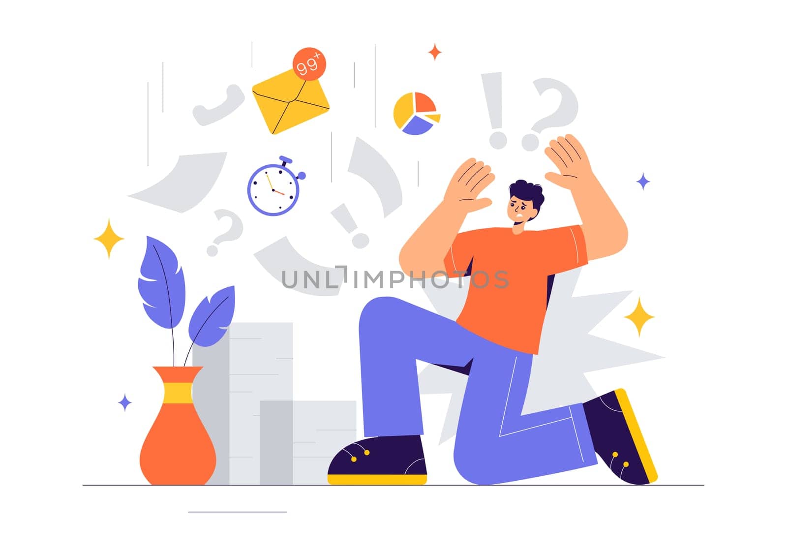 Overloading Vector Illustration of a Busy Employee Multitasking to Complete Numerous Documents and Digital Tasks in a Flat Style Cartoon Background
