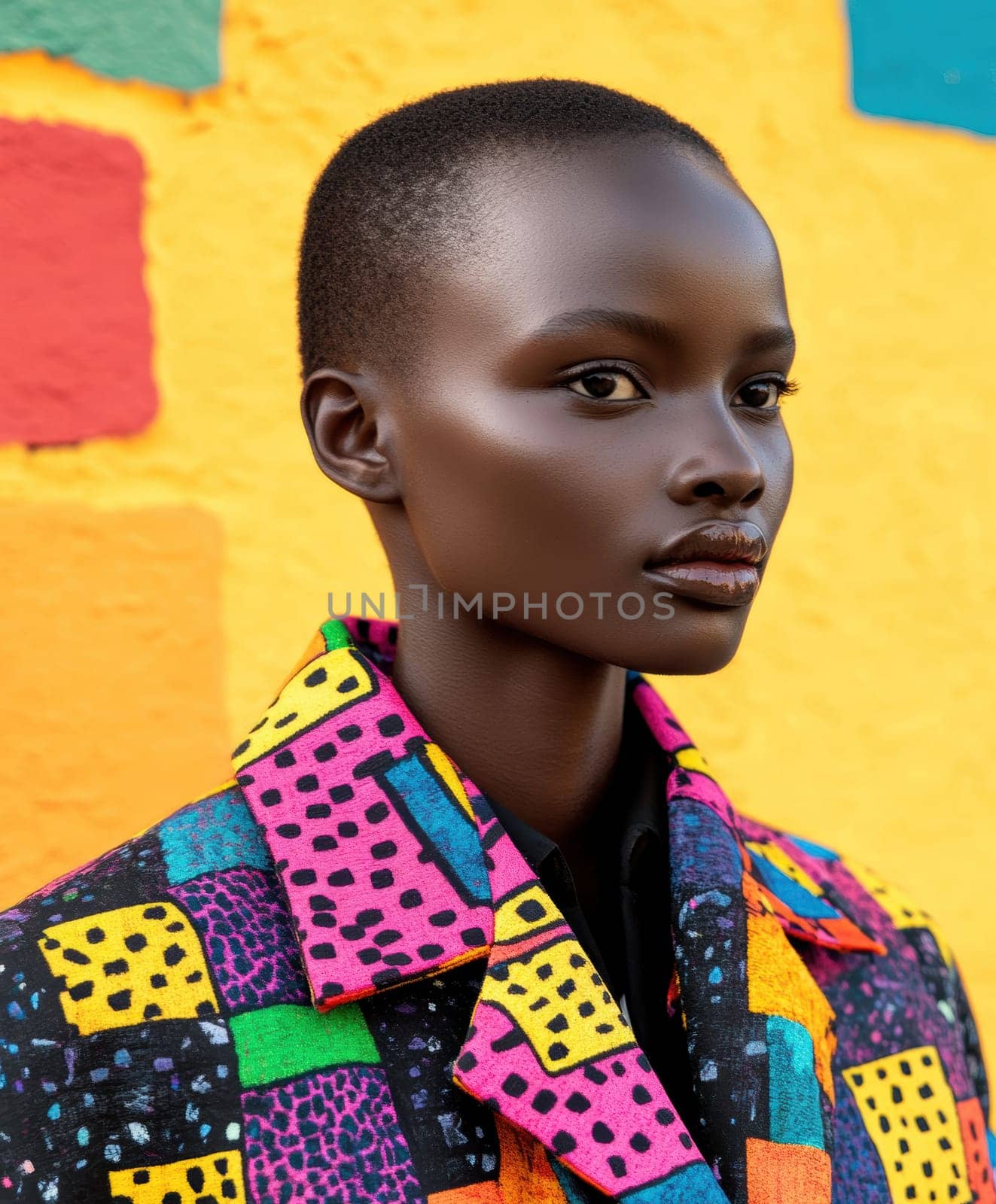 An elegant and sophisticated model  wearing a ready-to-wear collection in a vibrant pop art probabilistic color palette.Ai generative.