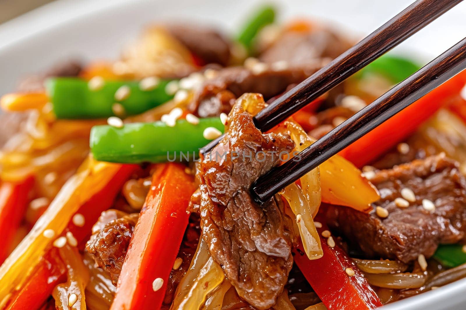 Glass noodles with vegetables and beef. AI generative.