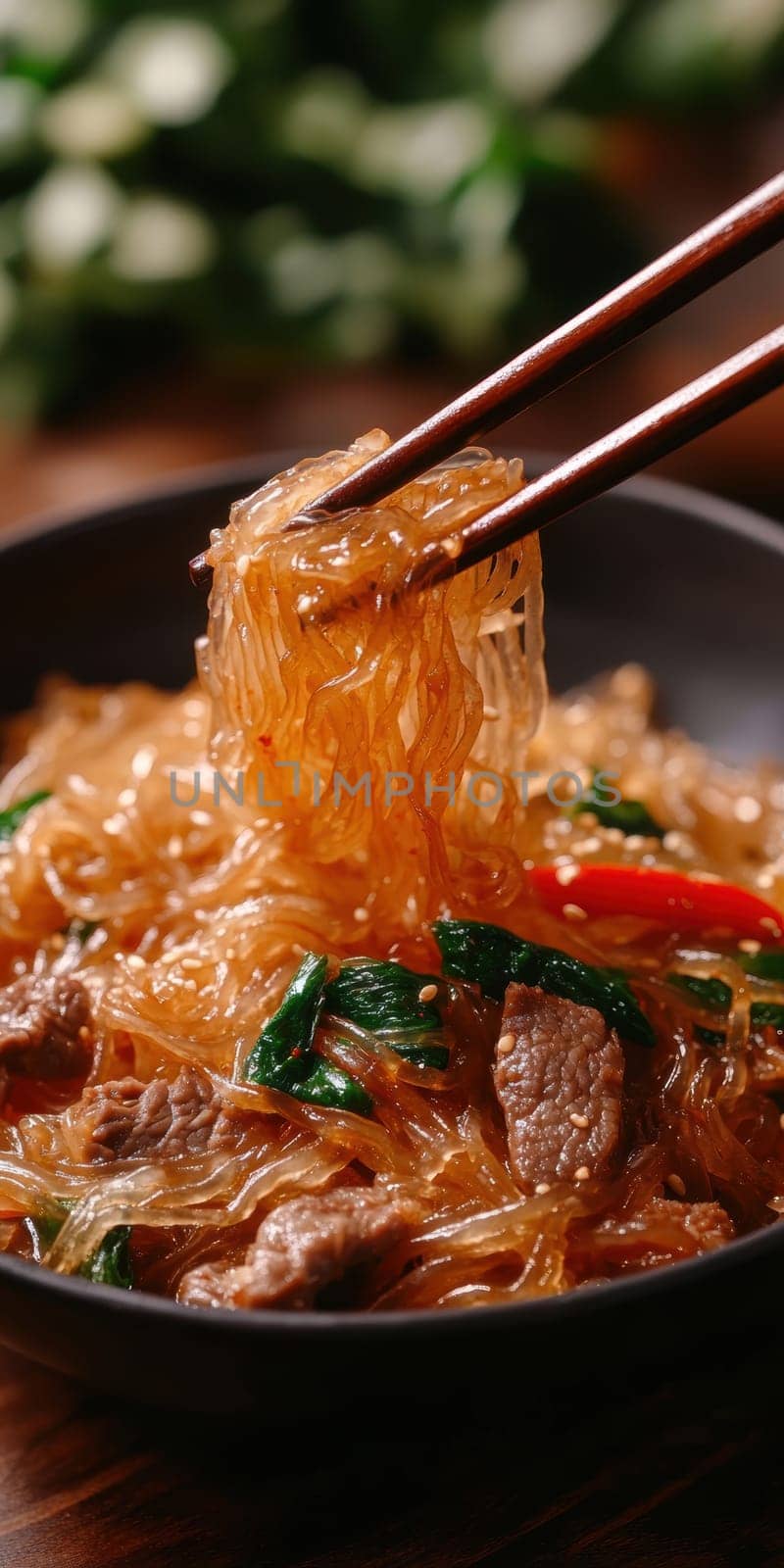 Glass noodles with vegetables and beef. AI generative.