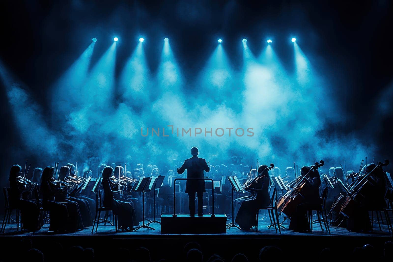 A symphony orchestra on stage . AI generative.