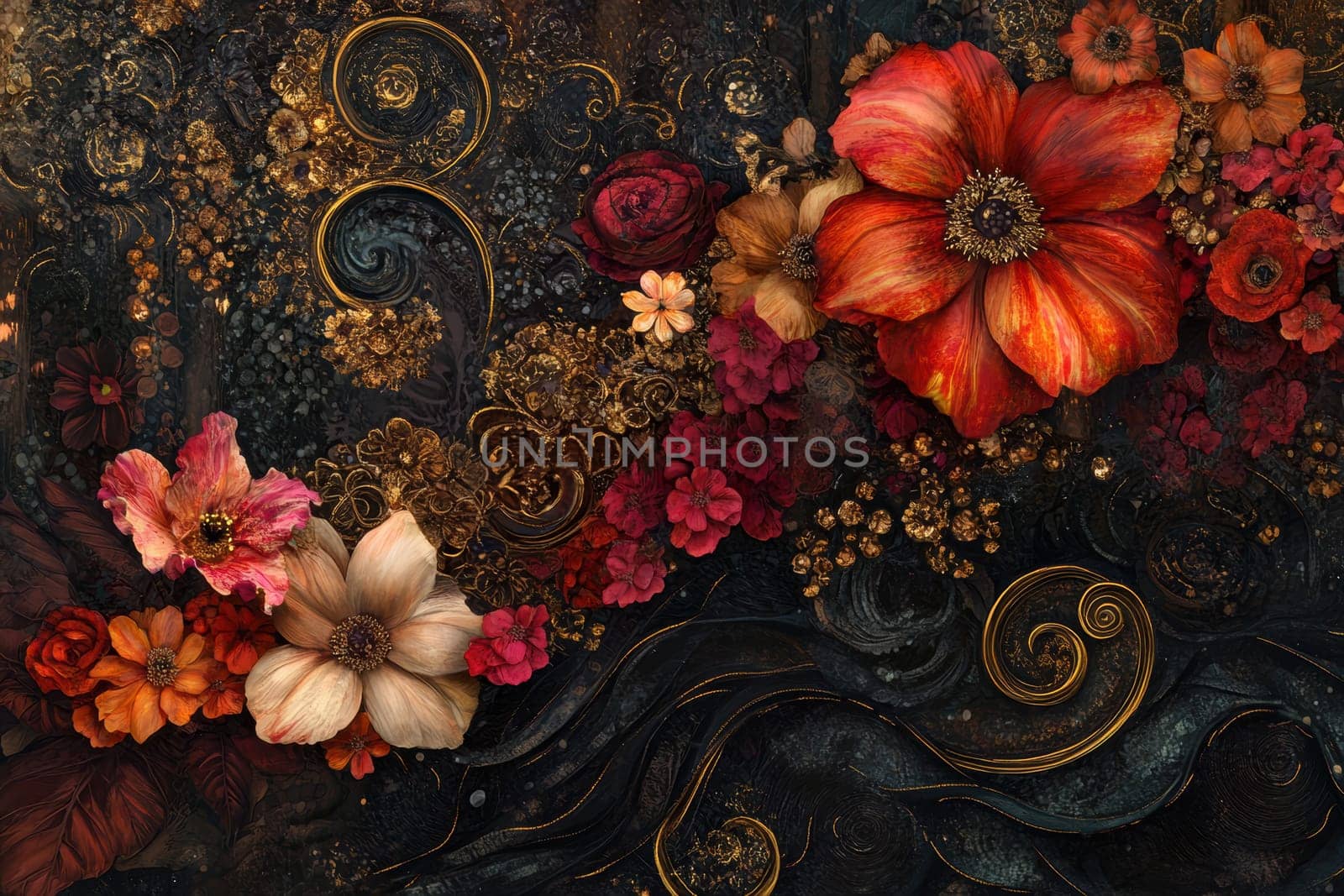 A fantastic world with flowers, trees and people. AI generative.