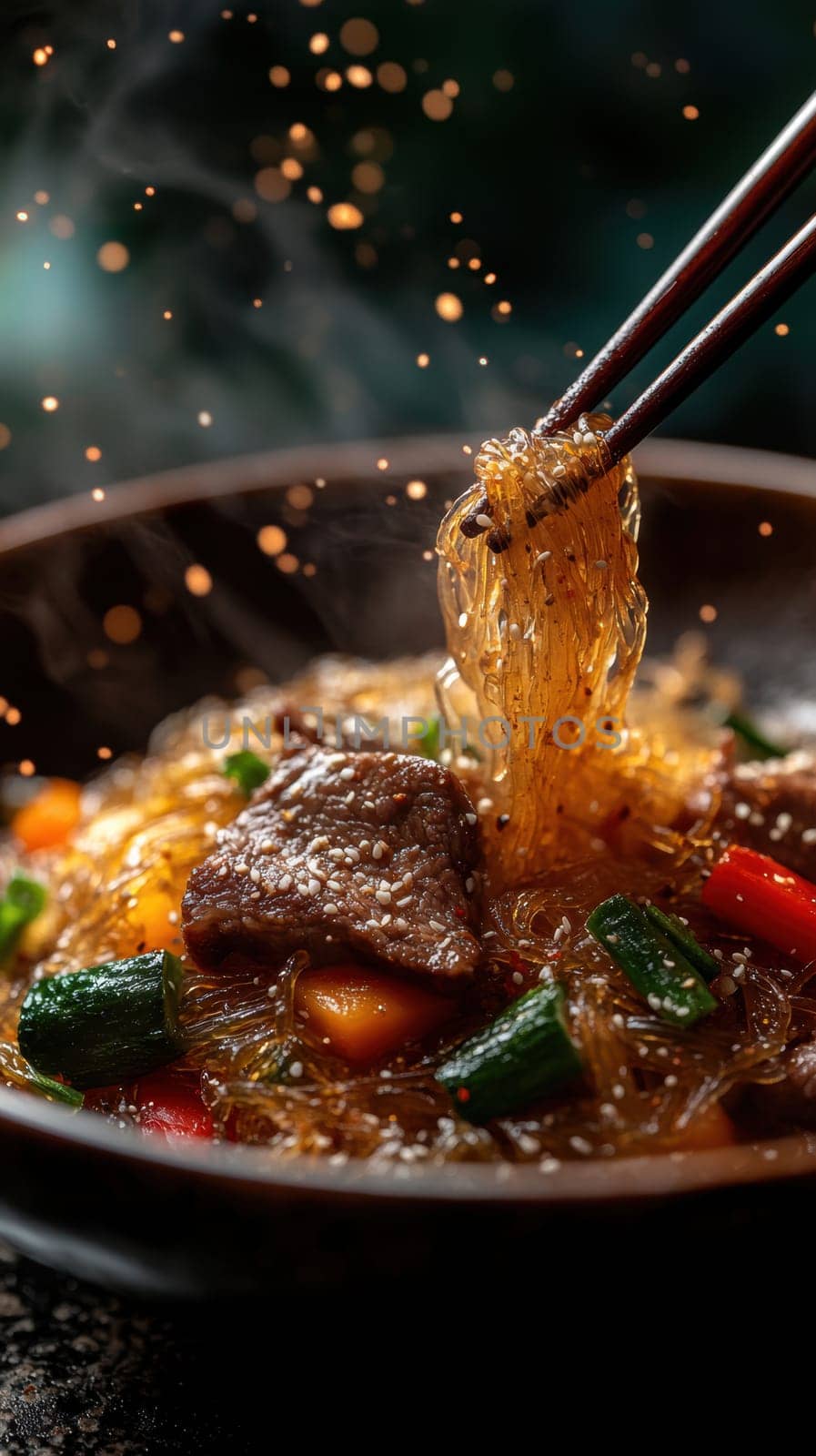 Glass noodles with vegetables and beef. AI generative.