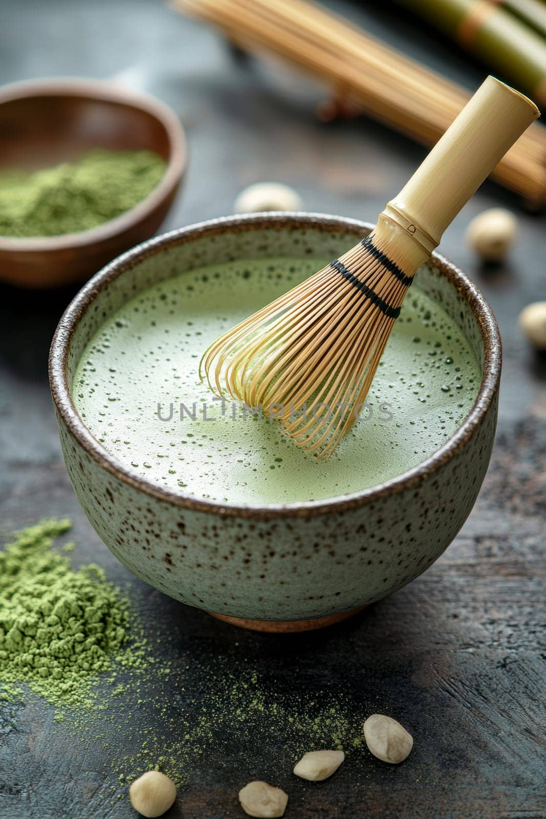 A high-resolution, photorealistic stock image of traditional matcha tea preparation. The scene captures the rich green matcha powder being whisked into a smooth, frothy tea using a bamboo whisk (chasen) in a ceramic bowl. The image, taken with a Hasselblad X2D camera, focuses on the fine details of the matcha powder, the texture of the bowl, and the delicate foam on the teaâ€™s surface. Soft, natural lighting highlights the vibrant green color of the matcha, while the background remains minimal and serene, reflecting the ritualistic nature of the tea ceremony --chaos 20 --ar 2:3 --style raw --stylize 300 --v 6.1 Job ID: 62a327d1-2d00-4c31-b05c-285d9752af90