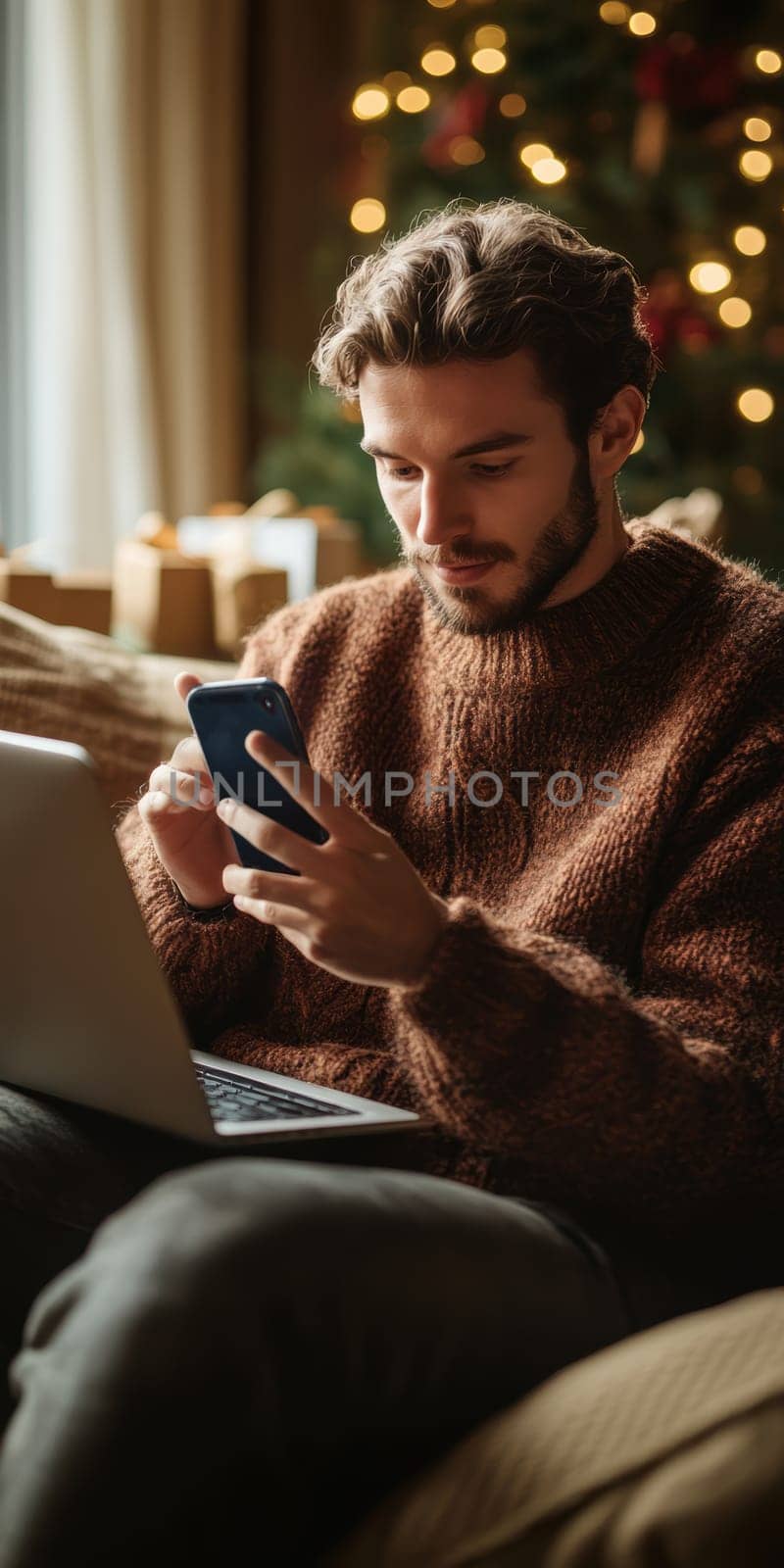 A person sitting comfortably at home makes purchases online. AI generative.