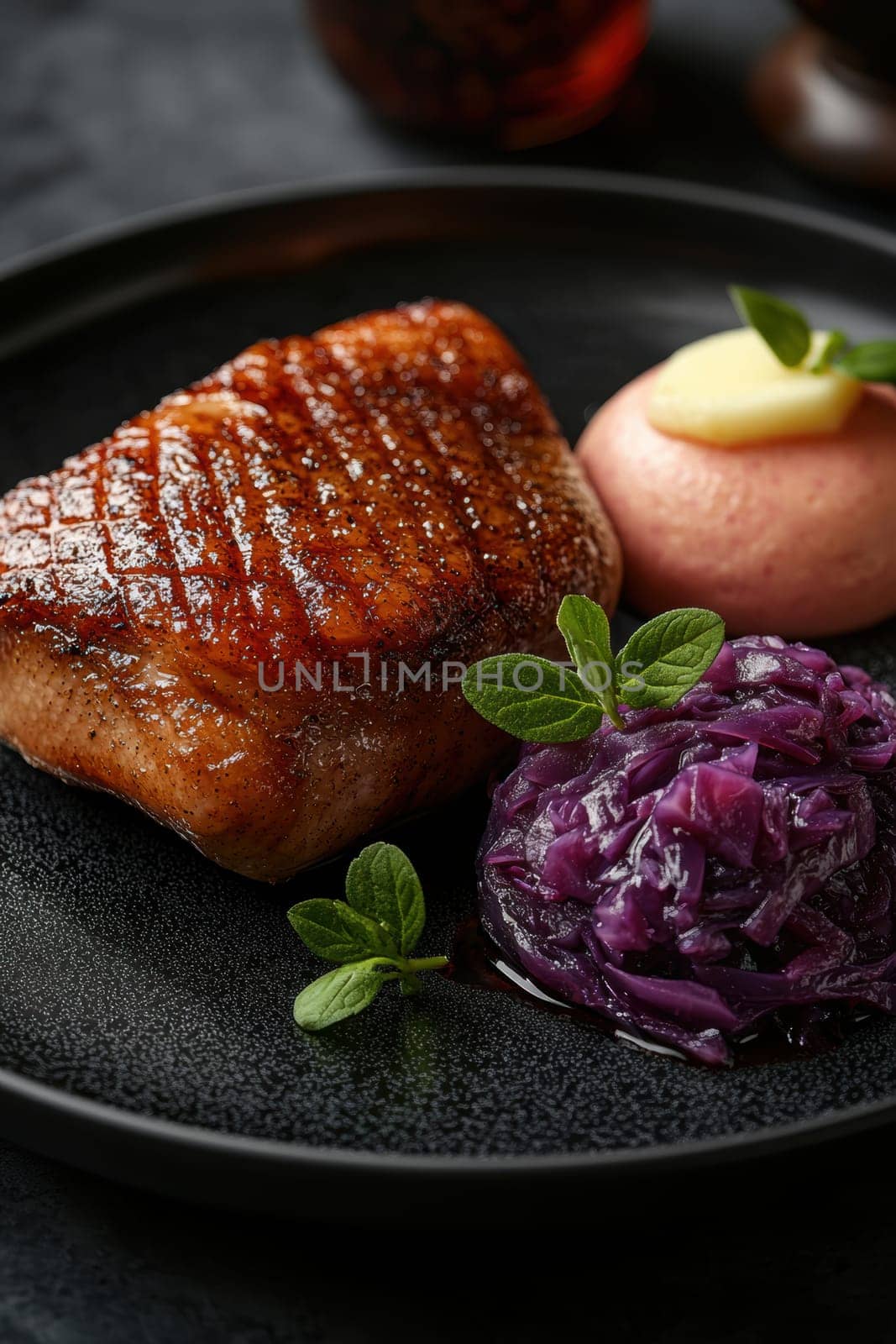 Duck fillet,red cabbage and apple mousse. AI generative.