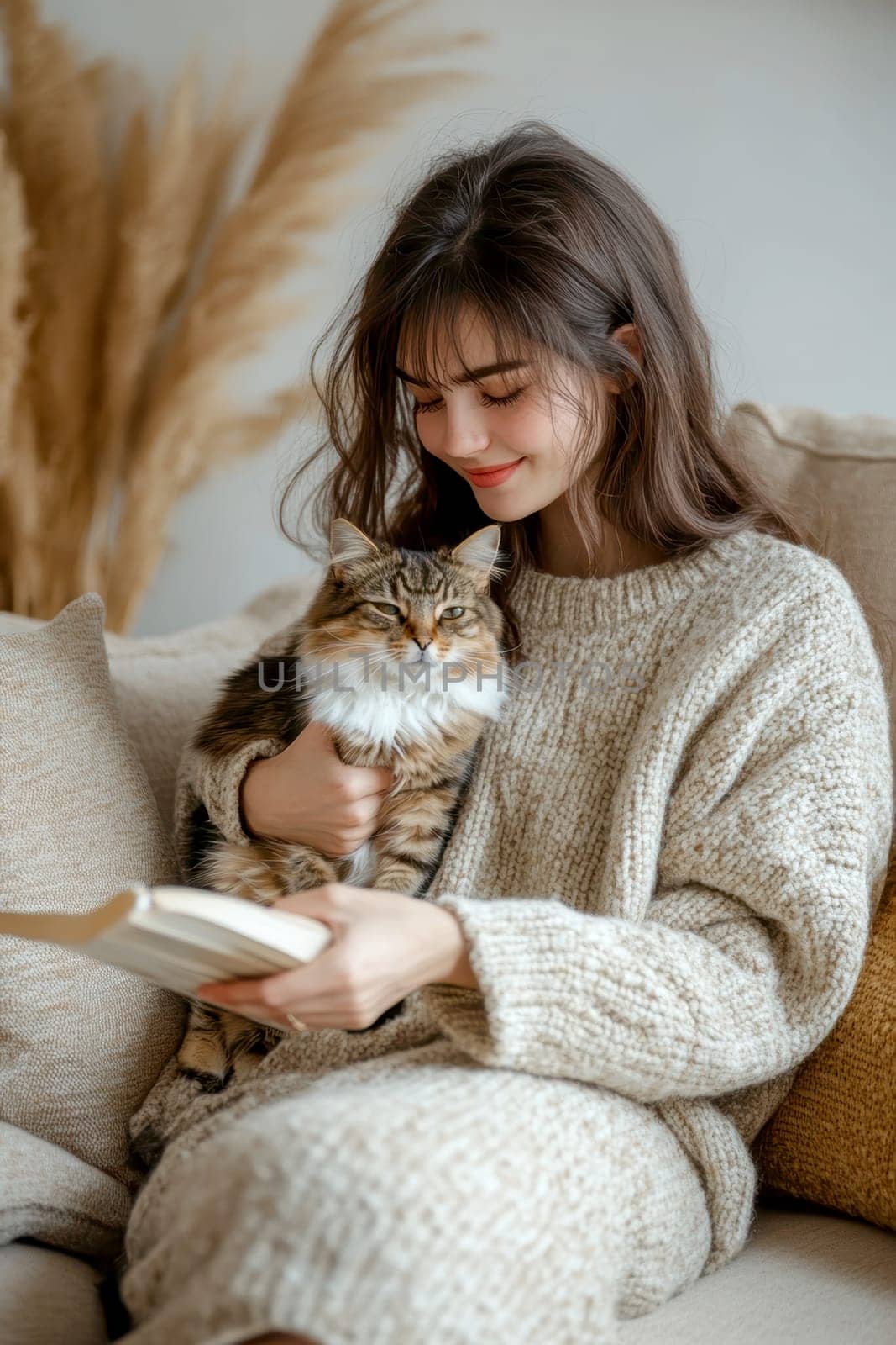 A woman in casual sits on the sofa, holding her cat and smiling at it. Ai generative.