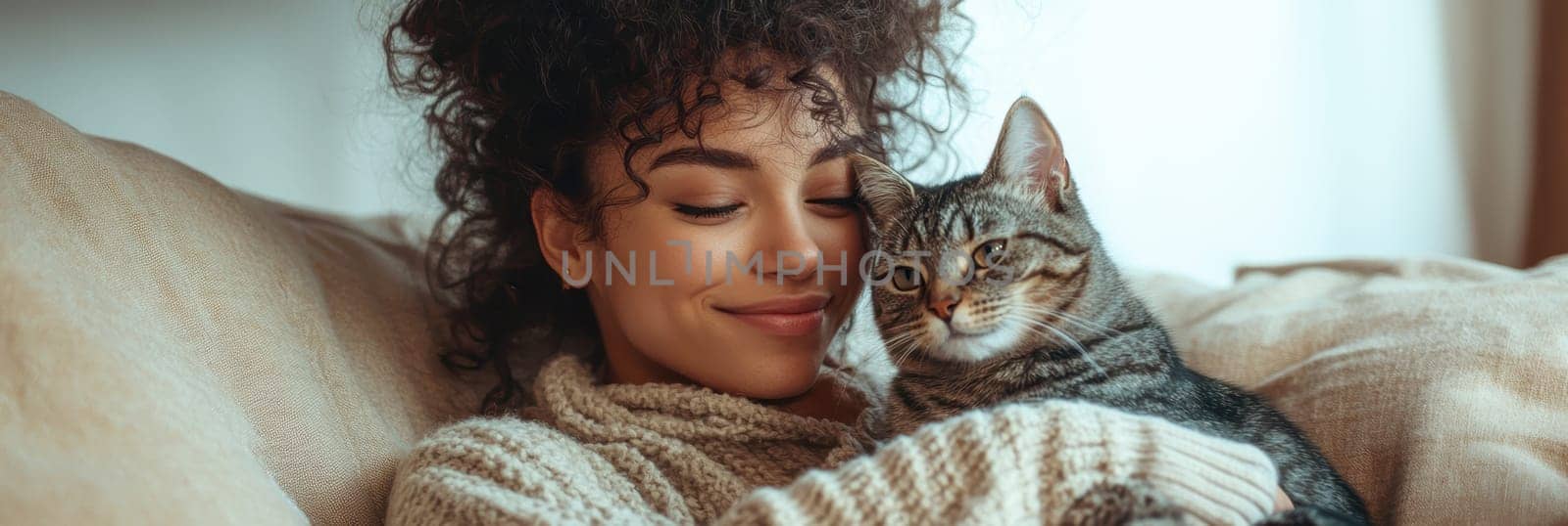A woman in casual sits on the sofa, holding her cat and smiling at it. Ai generative.
