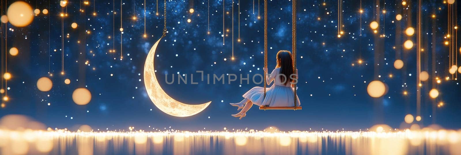 Sitting and hustling on the Crescent Moon girl, in the background the night sky full of stars. AI generative.