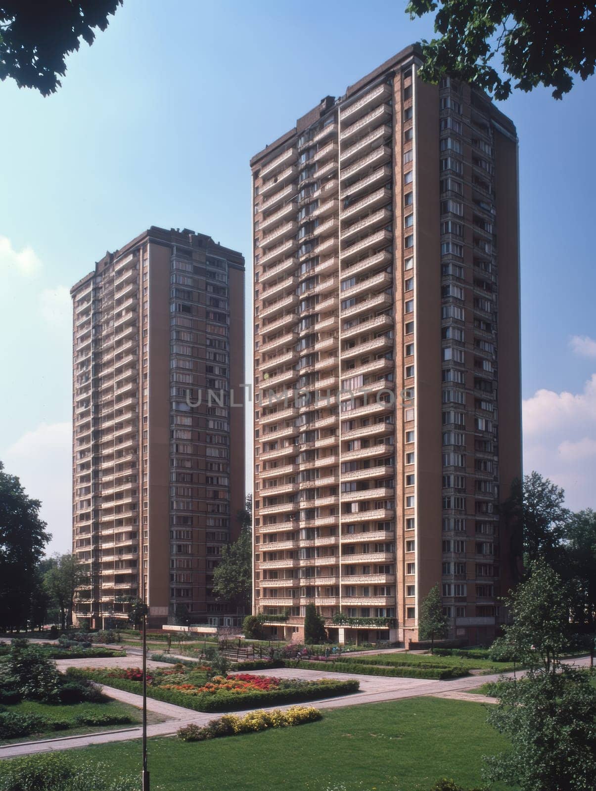 Eastern European apartment blocks. AI generative.
