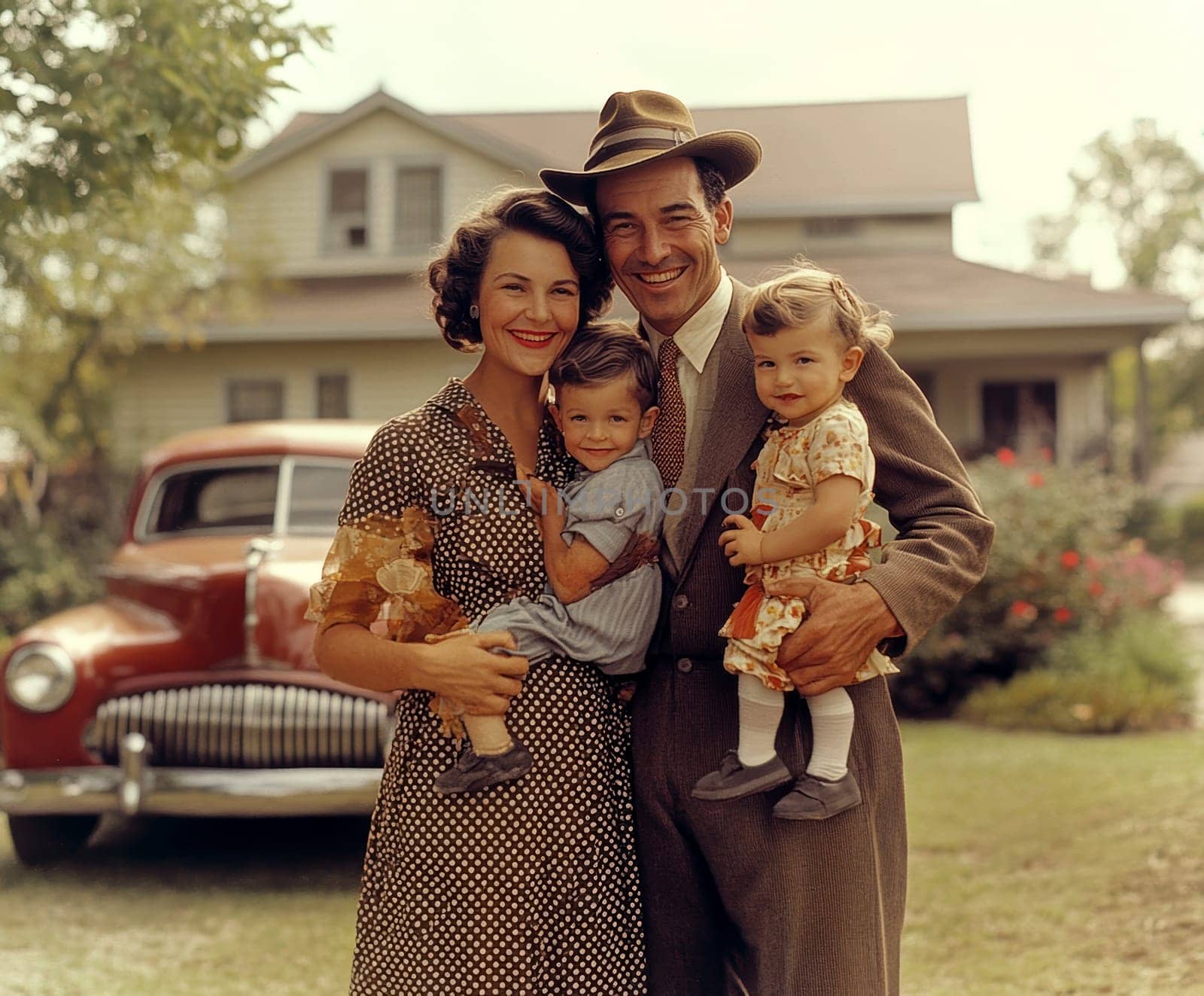 Vintage photo of an American family from the 1940s, 1950s