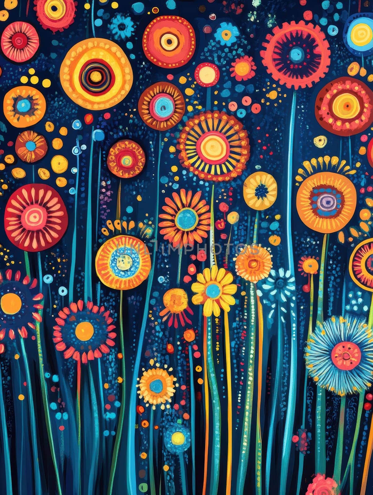 A fantastic world with flowers, trees and people. AI generative.
